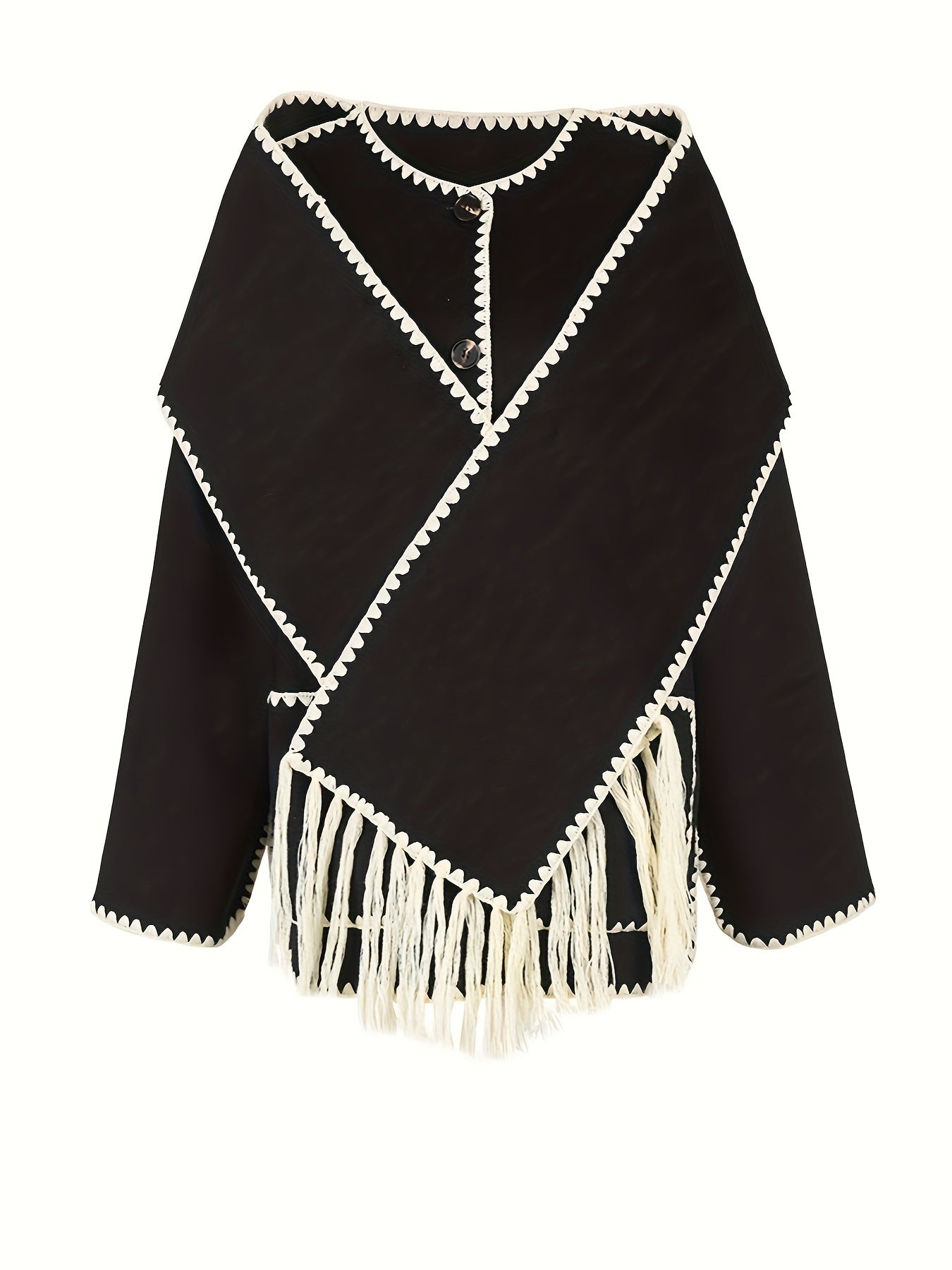 vlovelaw Contrast Trim Tassel Coat, Elegant Long Sleeve Button Front Outerwear, Women's Clothing