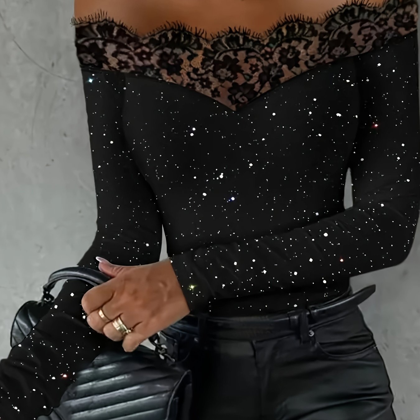 vlovelaw Contrast Lace Off-shoulder T-Shirt, Casual Long Sleeve Slim Top, Women's Clothing