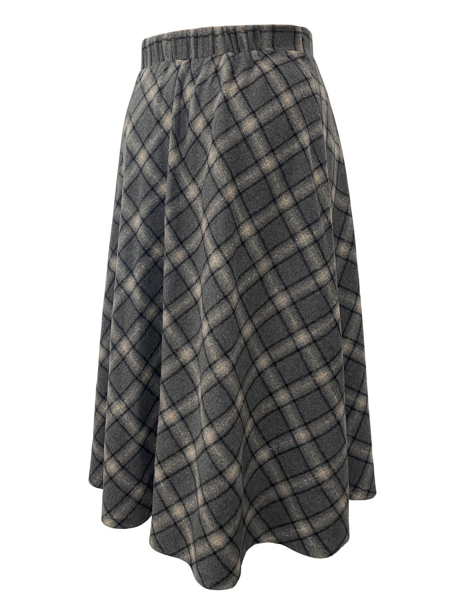 vlovelaw Plus Size Elegant Skirt, Women's Plus Plaid Print Elastic Woolen A-line All-match Skirt
