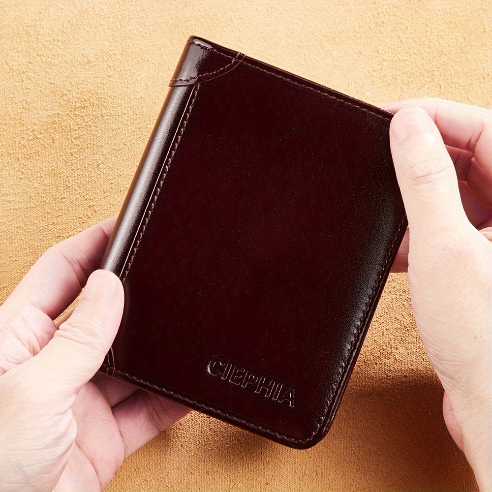 1pc Vintage-Style Top Grain Cowhide Leather Wallet - RFID Blocking, Slim Bifold, Multifunctional Trifold, 9 Card Slots, 2 Cash Compartments, Retro Wax Finish, Solid Color, Non-Braided Weaving, Perfect Gift for Him