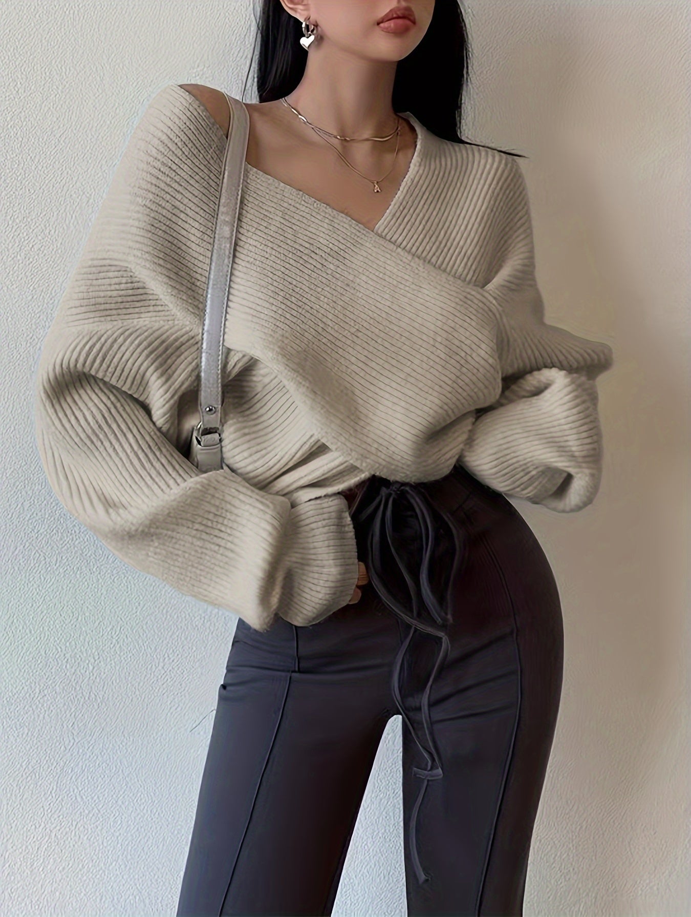vlovelaw Solid Cross Front V Neck Sweater, Elegant Long Sleeve Pullover Sweater, Women's Clothing