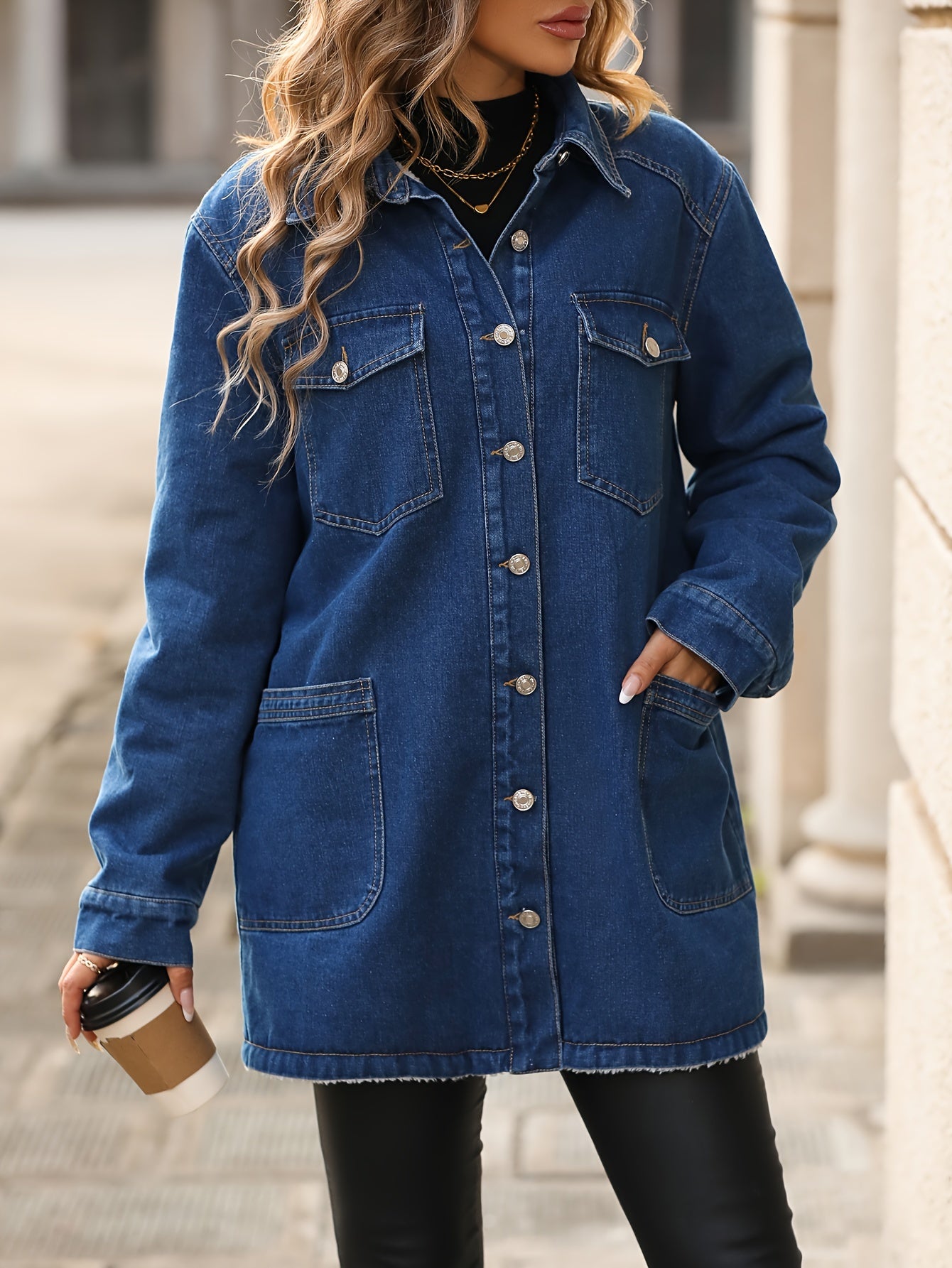 vlovelaw Fleece Liner Lapel Denim Jacket, Long Sleeves Flap Pockets Keep Warm Long Denim Coat, Women's Denim Clothing