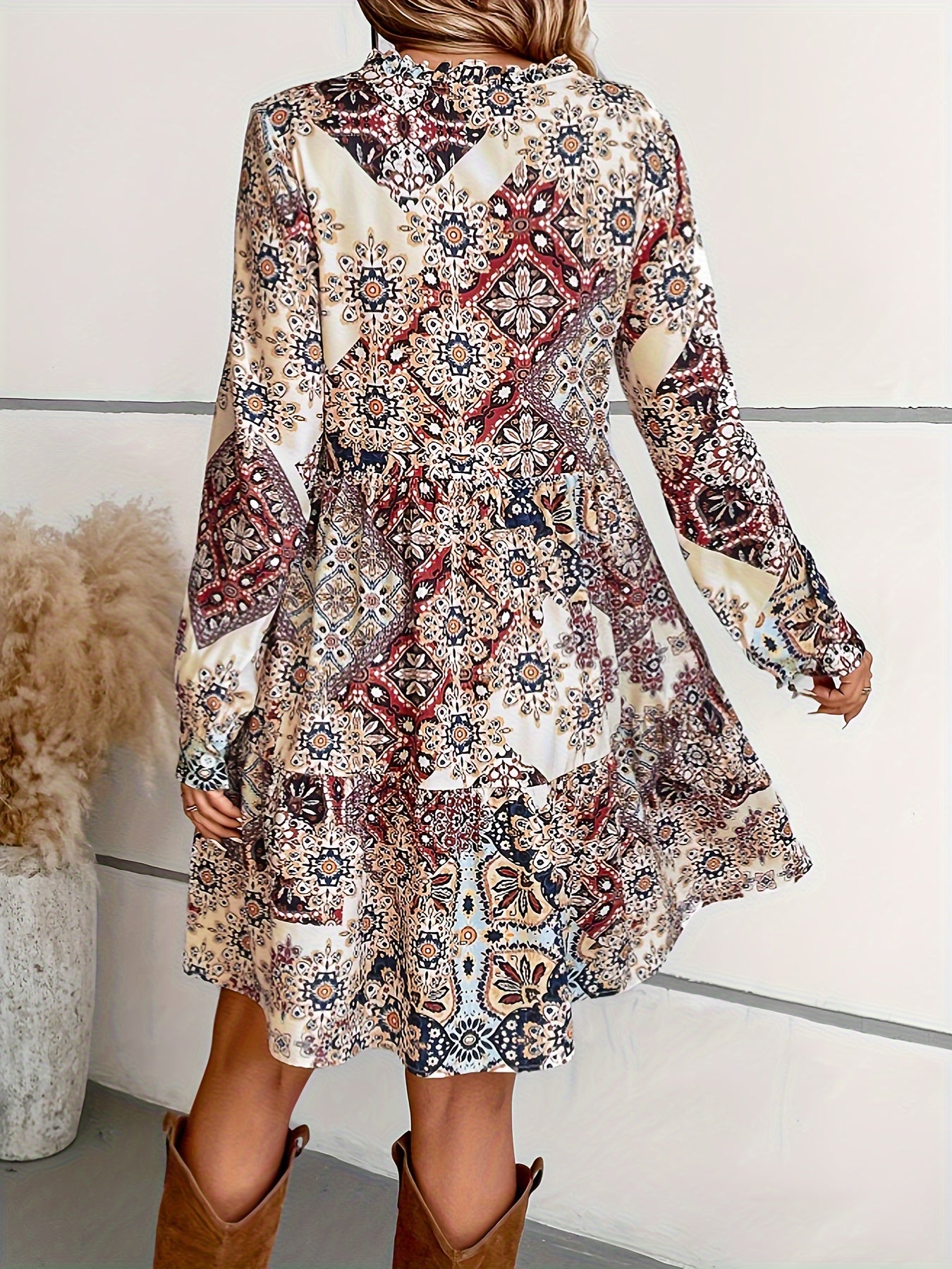 vlovelaw Floral Print V Neck Dress, Casual Long Sleeve Dress For Spring & Fall, Women's Clothing