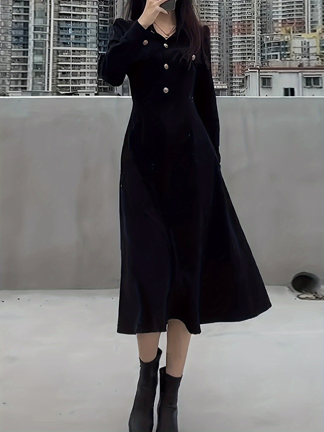 vlovelaw Single Breasted V-neck Slim Dress, Elegant Puff Sleeve Vintage Dress For Spring & Fall, Women's Clothing