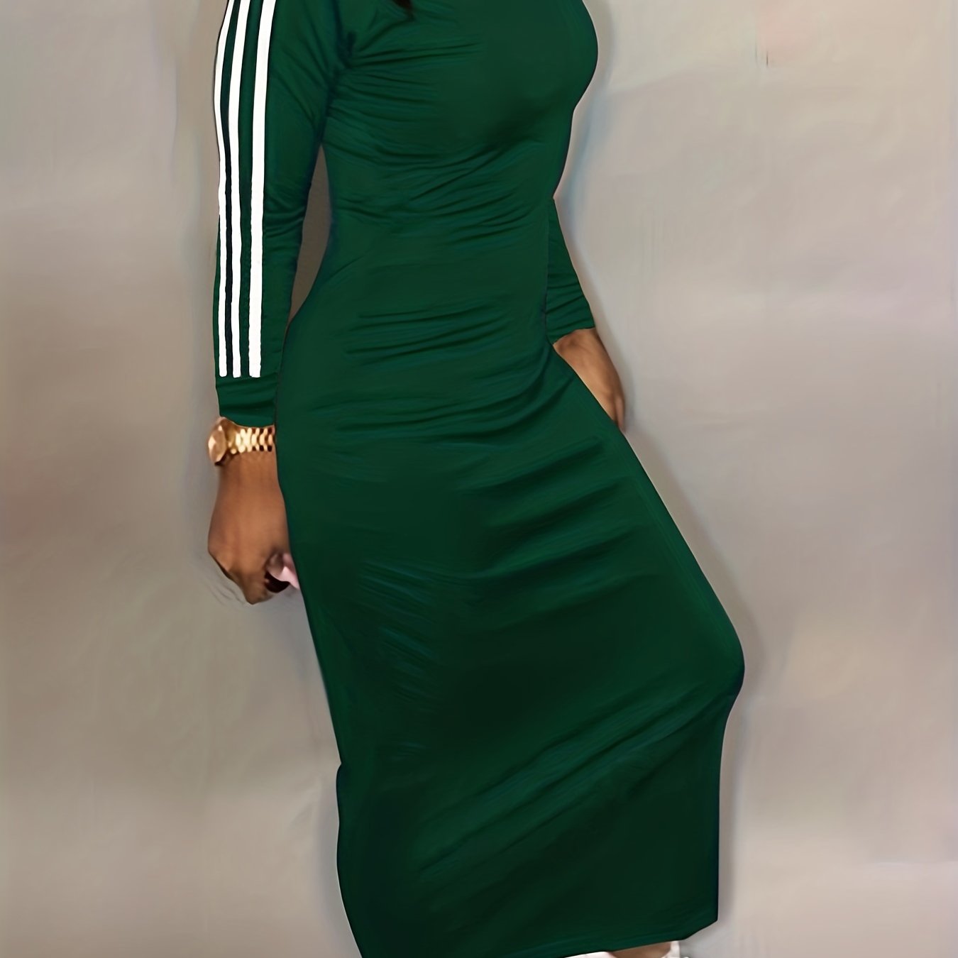 vlovelaw Striped Print Bodycon Dress, Casual Long Sleeve Maxi Dress, Women's Clothing