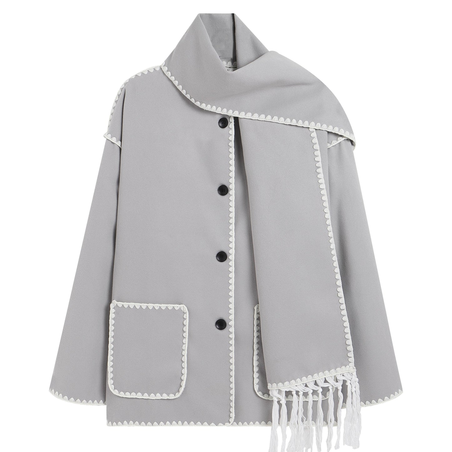 vlovelaw Contrast Trim Button Front Coat, Casual Long Sleeve Warm Outerwear, Women's Clothing