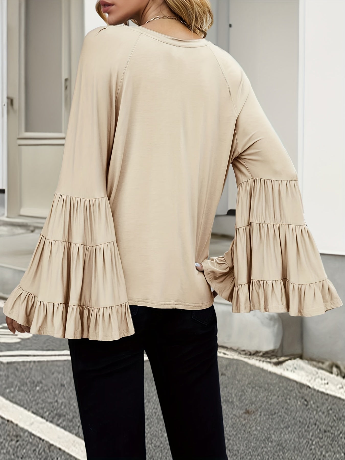 Flare Sleeve Crew Neck T-shirt, Elegant Solid T-shirt For Spring & Fall, Women's Clothing