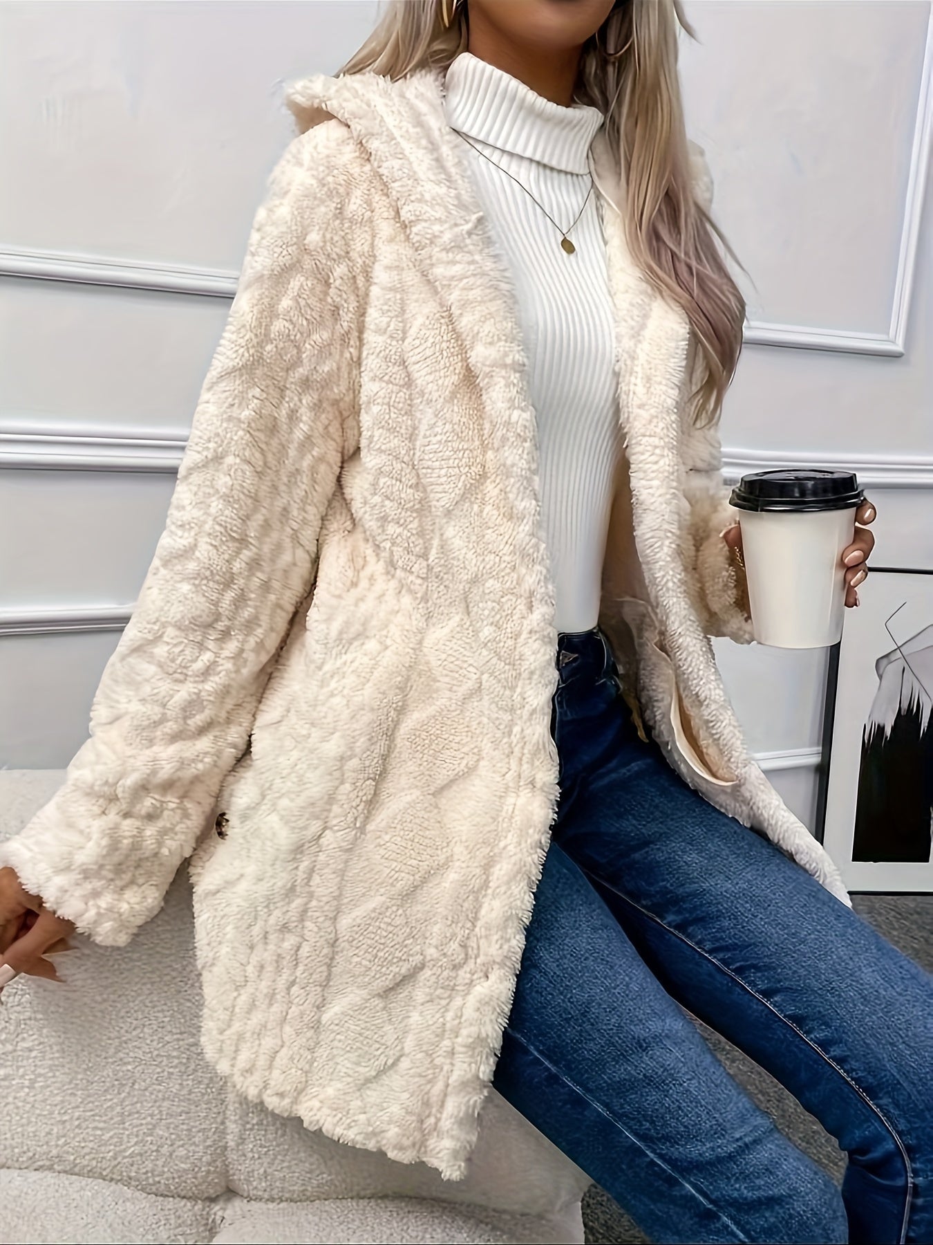 Women's Casual Fleece-Lined Hooded Coat - Mid-Length, Button Detail, Solid Color, Perfect for Fall/Winter