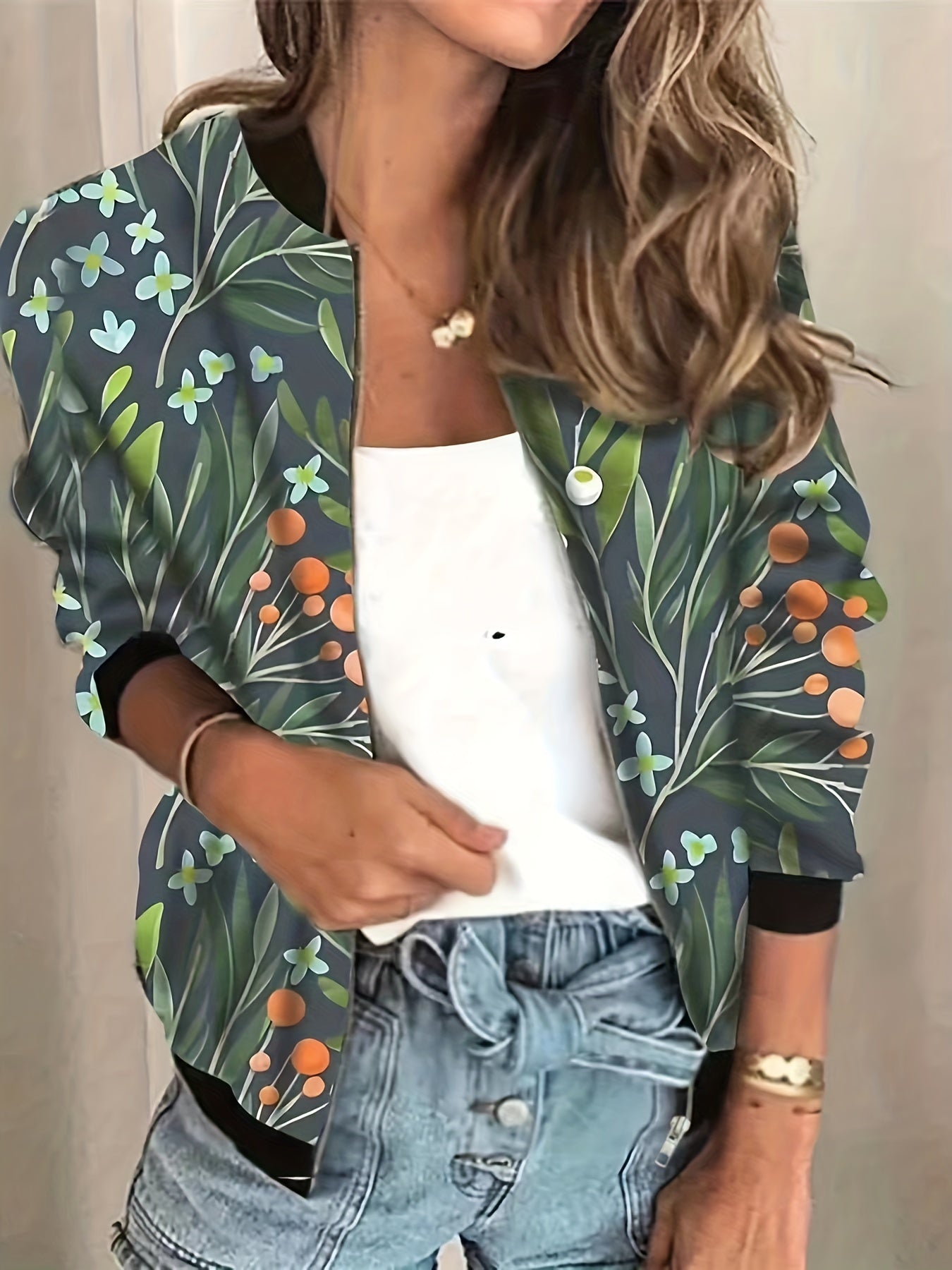 vlovelaw Graphic Print Zipper Jacket, Casual Baseball Neck Long Sleeve Outerwear, Women's Clothing