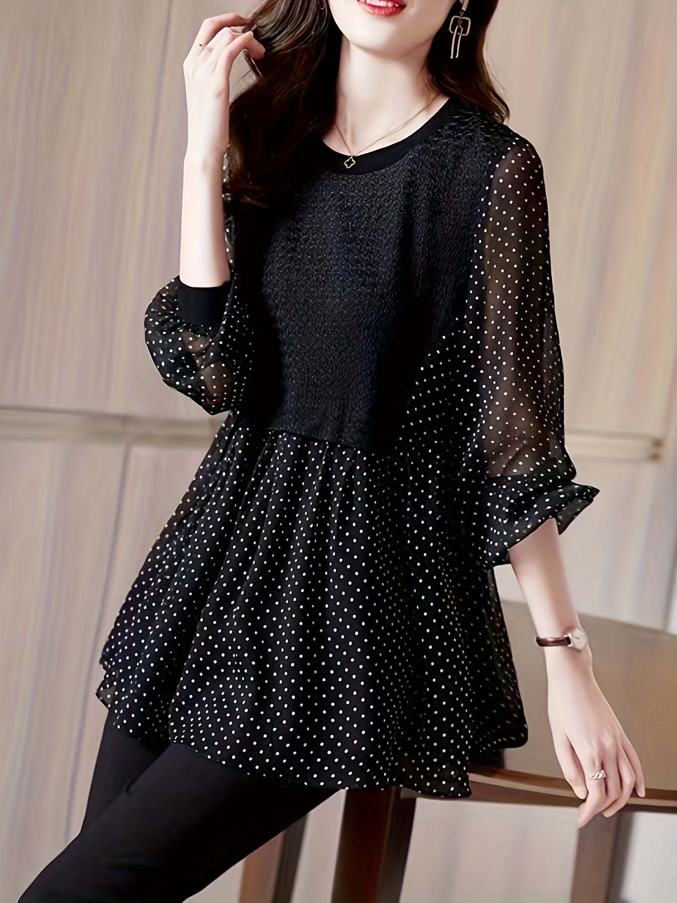 Polka Dot Print Splicing Blouse, Elegant Ruffle Hem Long Sleeve Blouse, Women's Clothing