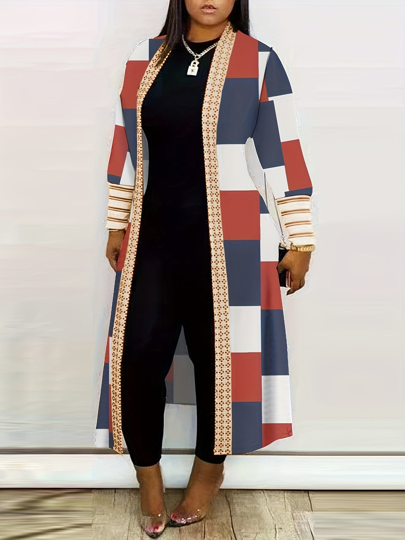 vlovelaw Plus Size Colorblock Longline Coat, Women's Plus Slight Stretch Casual Trench Coat