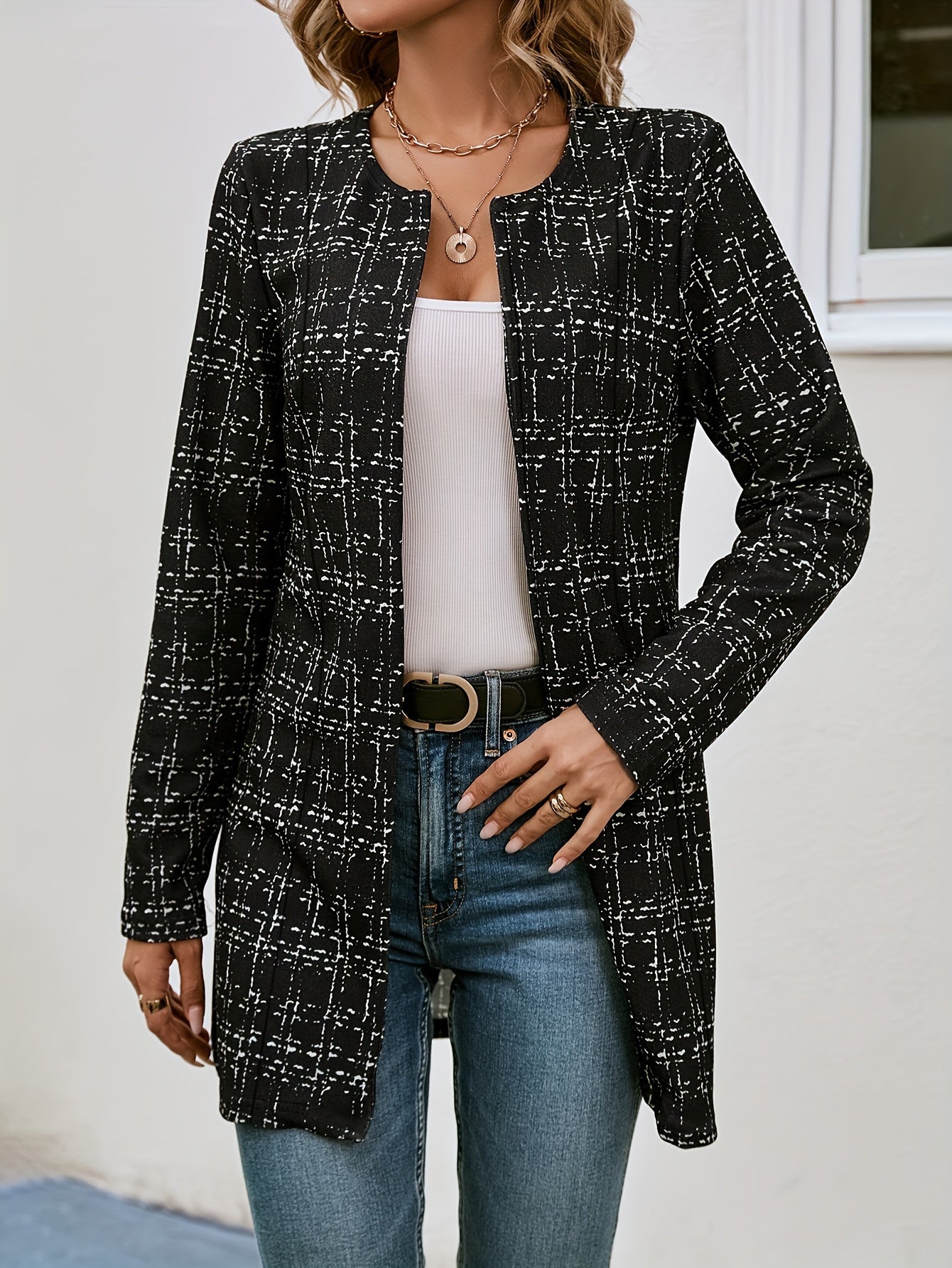 vlovelaw Plaid Pattern Open Front Jacket, Versatile Long Sleeve Outwear For Spring & Fall, Women's Clothing