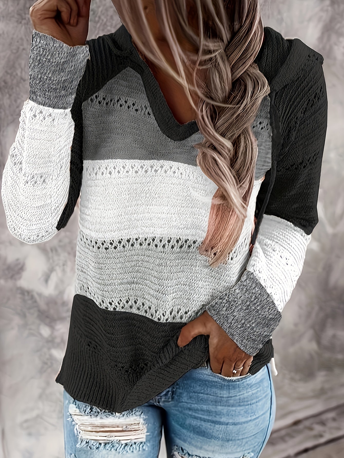 Color Block Hooded Knit Sweater, Vacation Drawstring Long Sleeve Sweater, Women's Clothing