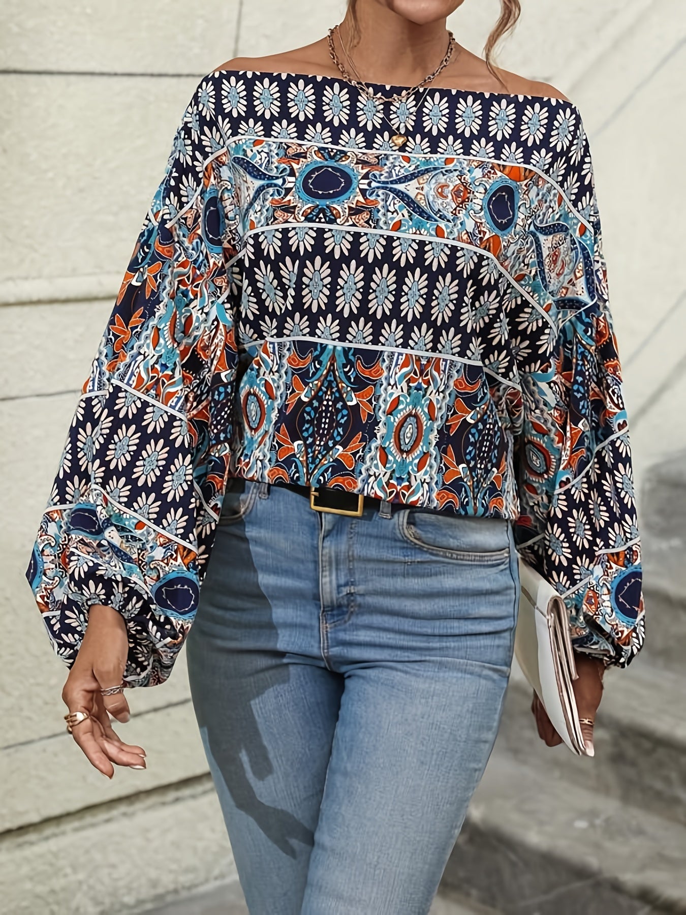 vlovelaw Ethnic Graphic Print Blouse, Casual Off Shoulder Long Sleeve Blouse, Women's Clothing