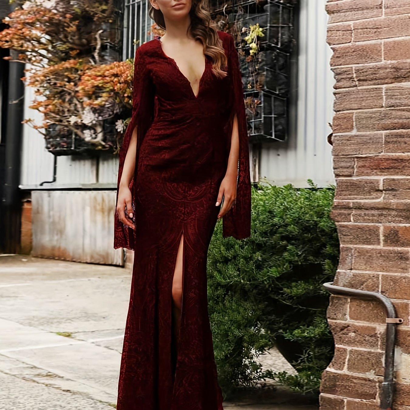 vlovelaw Guipure Lace V Neck Cocktail Dress, Elegant Cape Sleeve Split Slim Fit Evening Dress For Party & Banquet, Women's Clothing