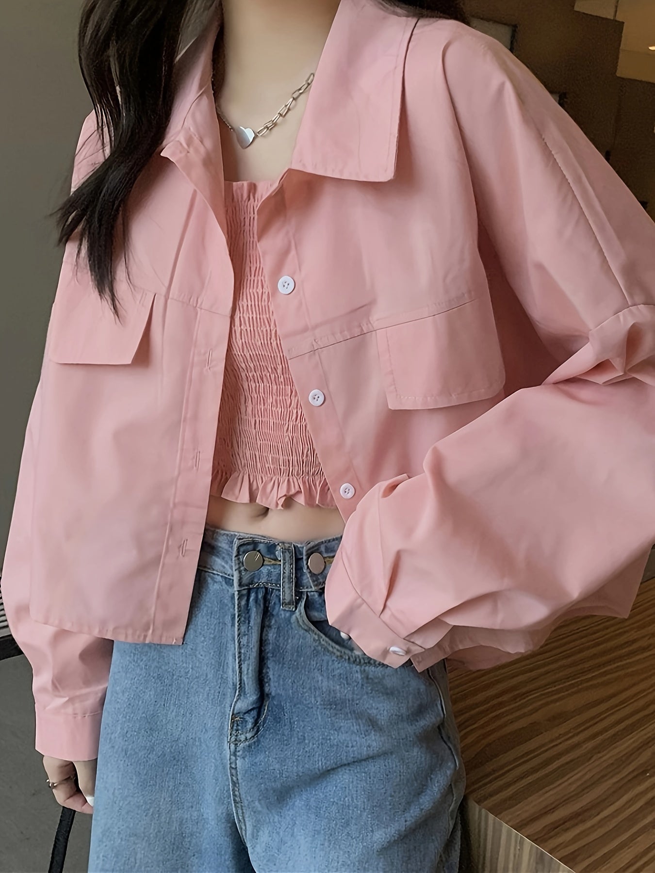 Solid Button Front Shirt, Casual Long Sleeve Lapel Shirt, Women's Clothing