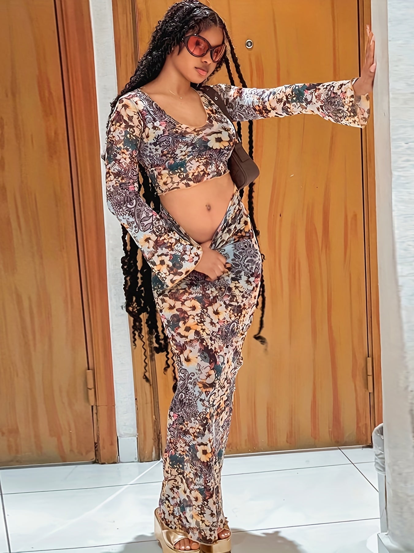 vlovelaw Floral Print Two-piece Set, Scoop Neck Long Sleeve Crop Top & Slim Skirt Outfits, Women's Clothing