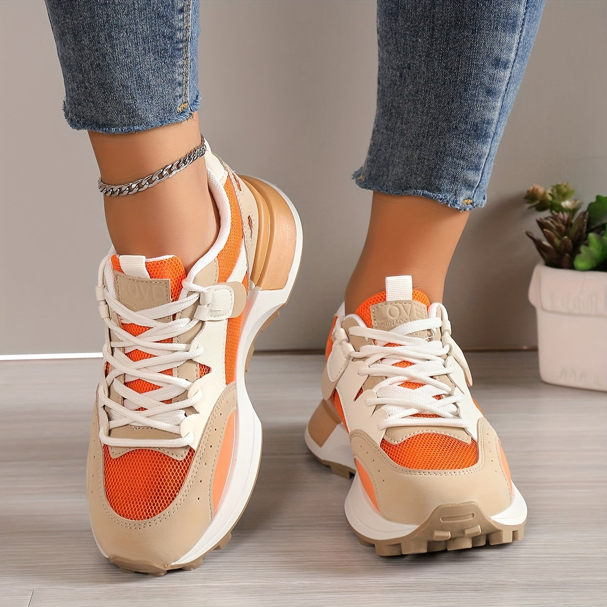 vlovelaw Women's Colorblock Casual Sneakers, Lace Up Low-top Round Toe Non-slip Soft Breathable Trainers, Comfy Versatile Shoes