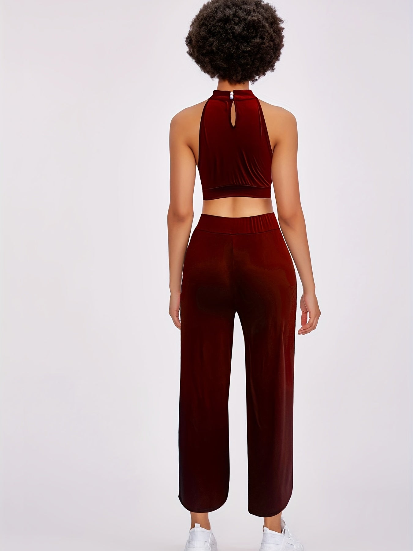 vlovelaw Sexy Solid Two-piece Pants Set, Criss Cross Crop Top & Split Pants Outfits, Women's Clothing