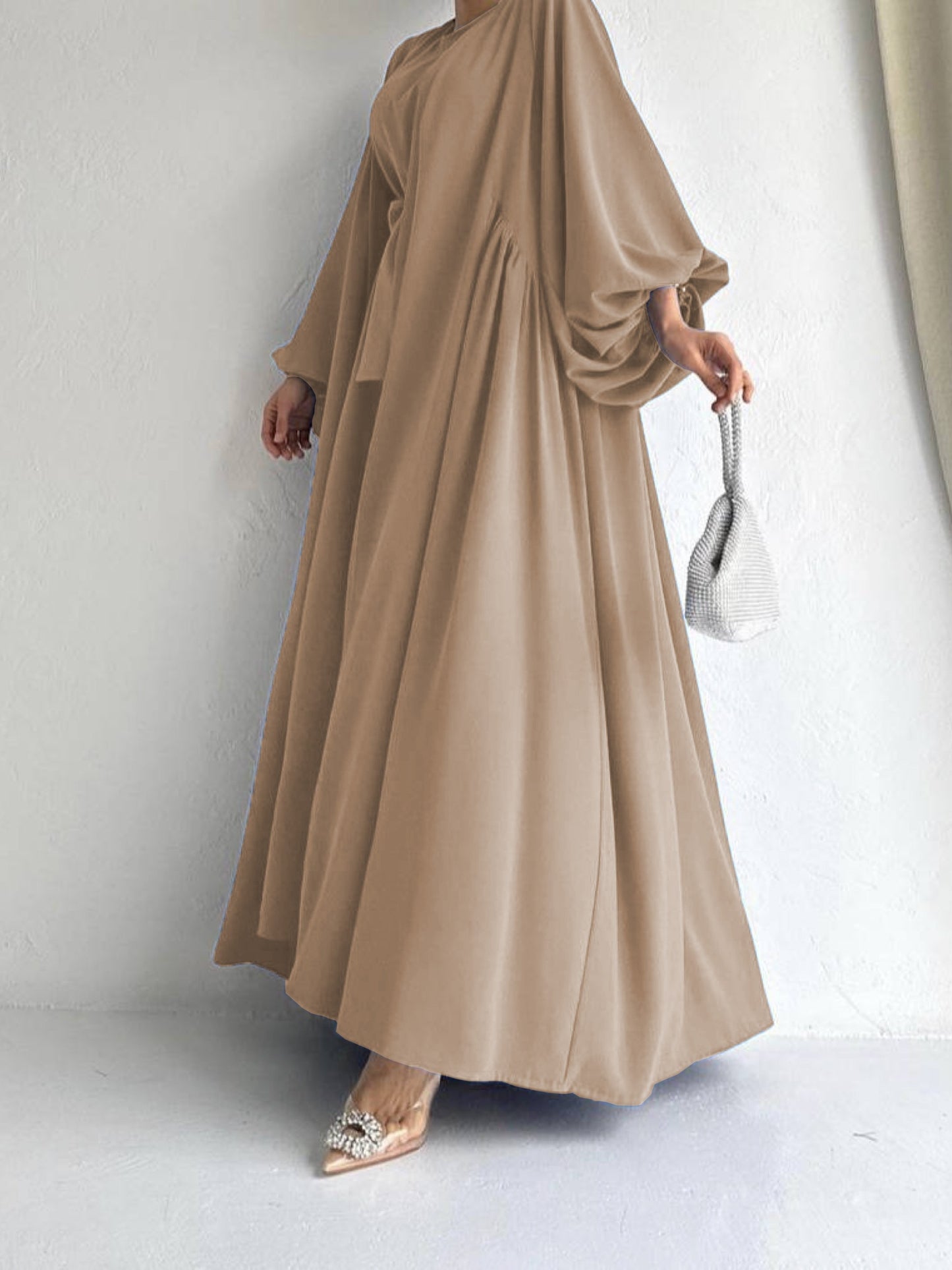 vlovelaw Ramadan Elegant Solid Two-piece Set, Open Front Coverup & Tie Waist Abayas Outfits, Women's Clothing