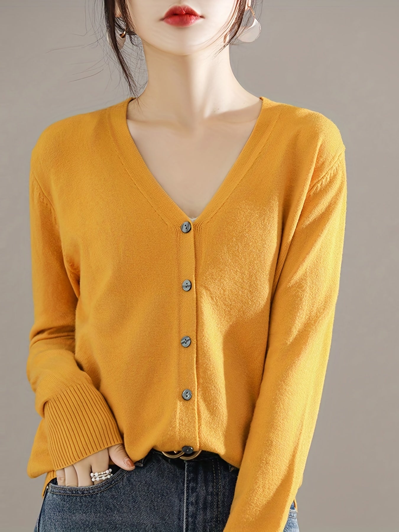 Elegant V-neck Solid Cardigan, Long Sleeve Cardigan For Spring & Fall, Women's Clothing