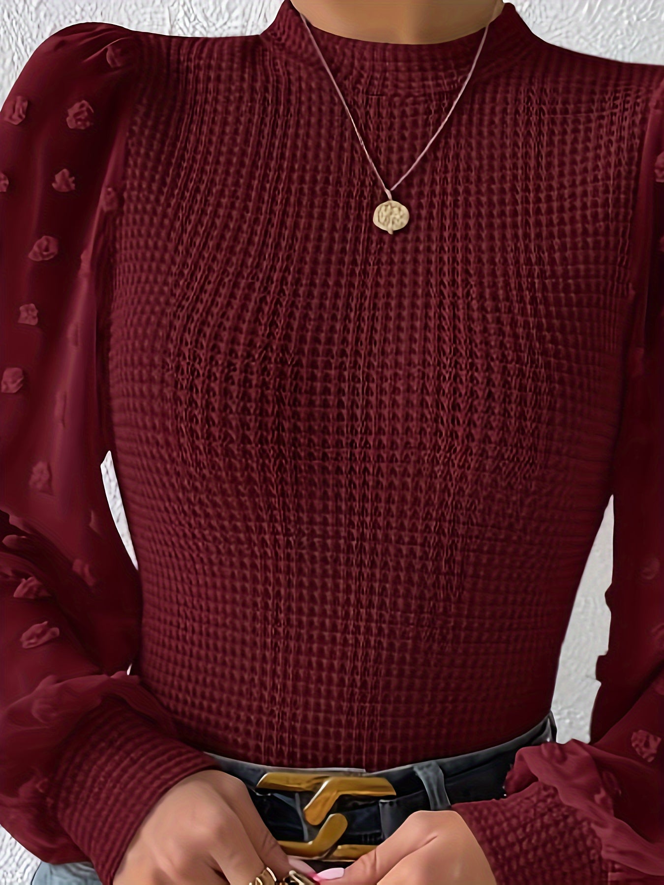vlovelaw Swiss Dot Mock Neck Blouse, Casual Long Lantern Sleeve Blouse For Spring & Fall, Women's Clothing