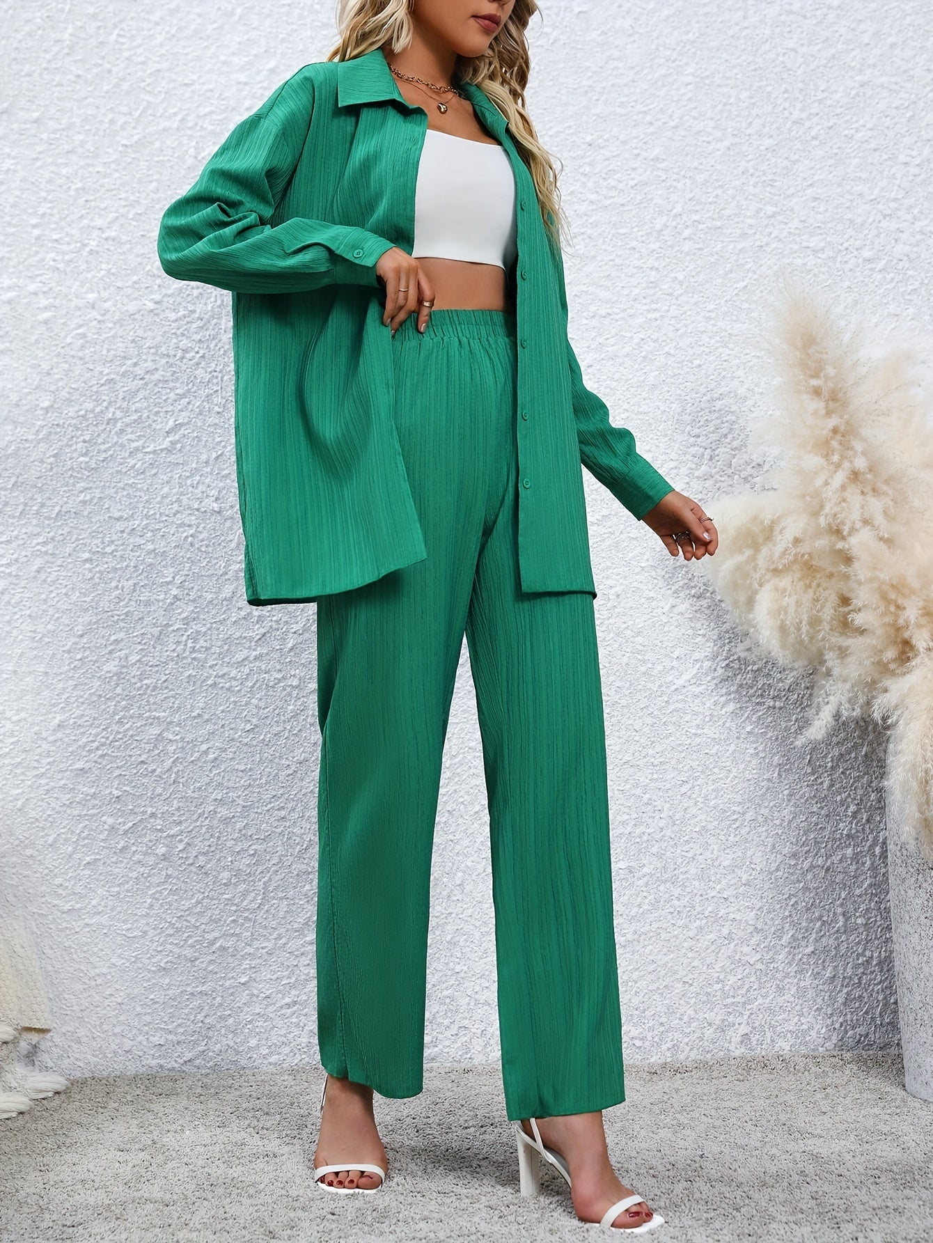 vlovelaw Solid Casual Two-piece Set, Button Front Long Sleeve Shirt & Wide Leg Pants Outfits, Women's Clothing