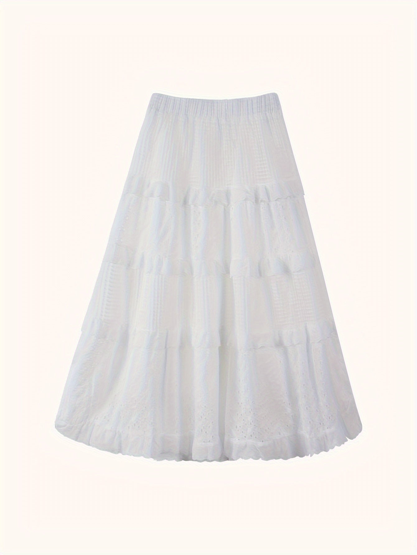 vlovelaw Eyelet Embroidered Layer Ruffle Maxi Skirt, Boho Elastic Waist A Line Skirt, Women's Clothing