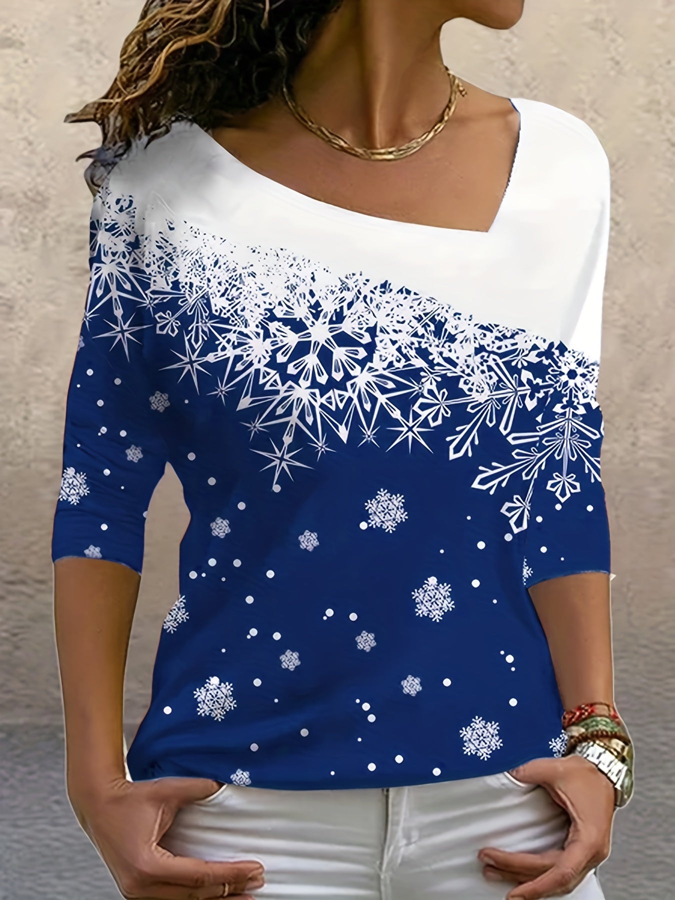 vlovelaw Snowflake Print Slant V Neck T-Shirt, Casual Long Sleeve Top For Spring & Fall, Women's Clothing
