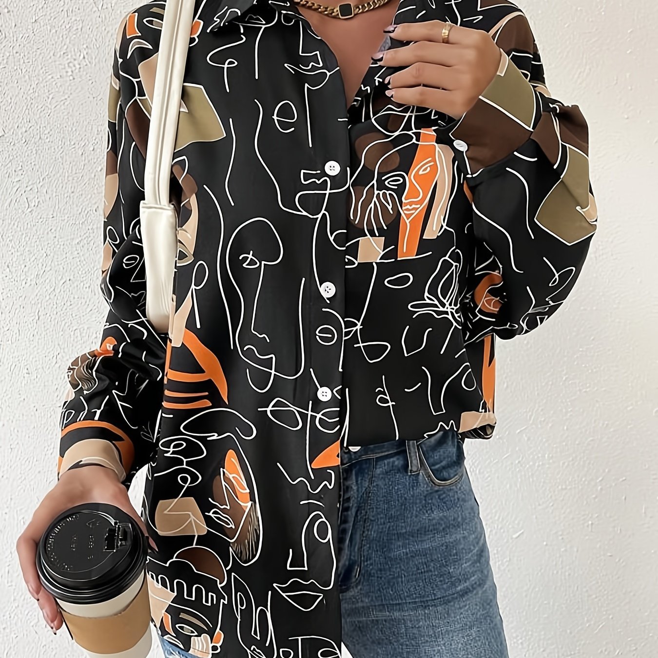 Abstract Graphic Print Shirt, Casual Button Front Long Sleeve Shirt, Women's Clothing