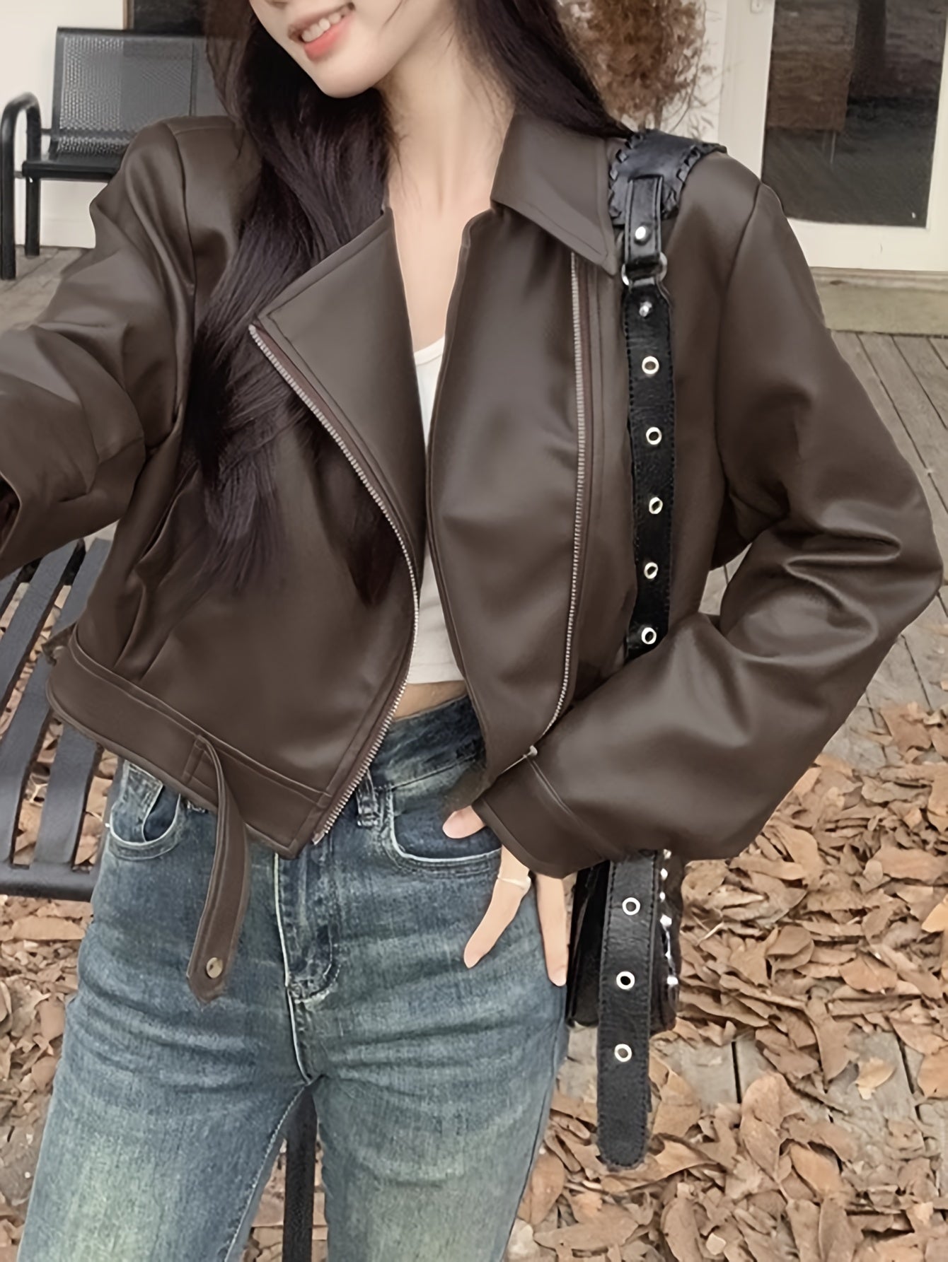 Faux Leather Zip-up Jacket, Casual Long Sleeve Crop Biker Jacket For Fall & Winter, Women's Clothing