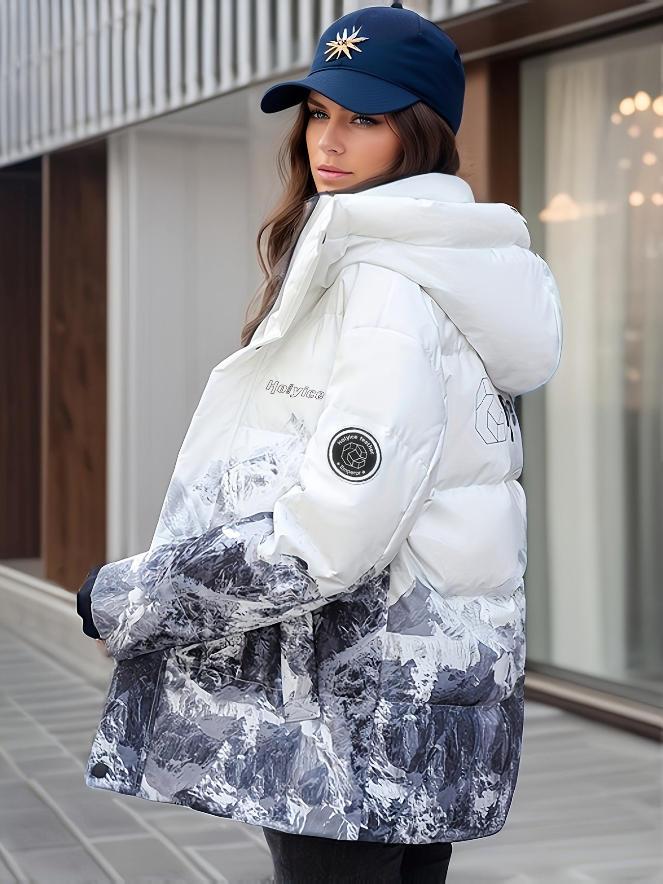 Mountain Printed Zipper Hooded Jacket, Casual Long Sleeve Winter Outerwear, Women's Clothing