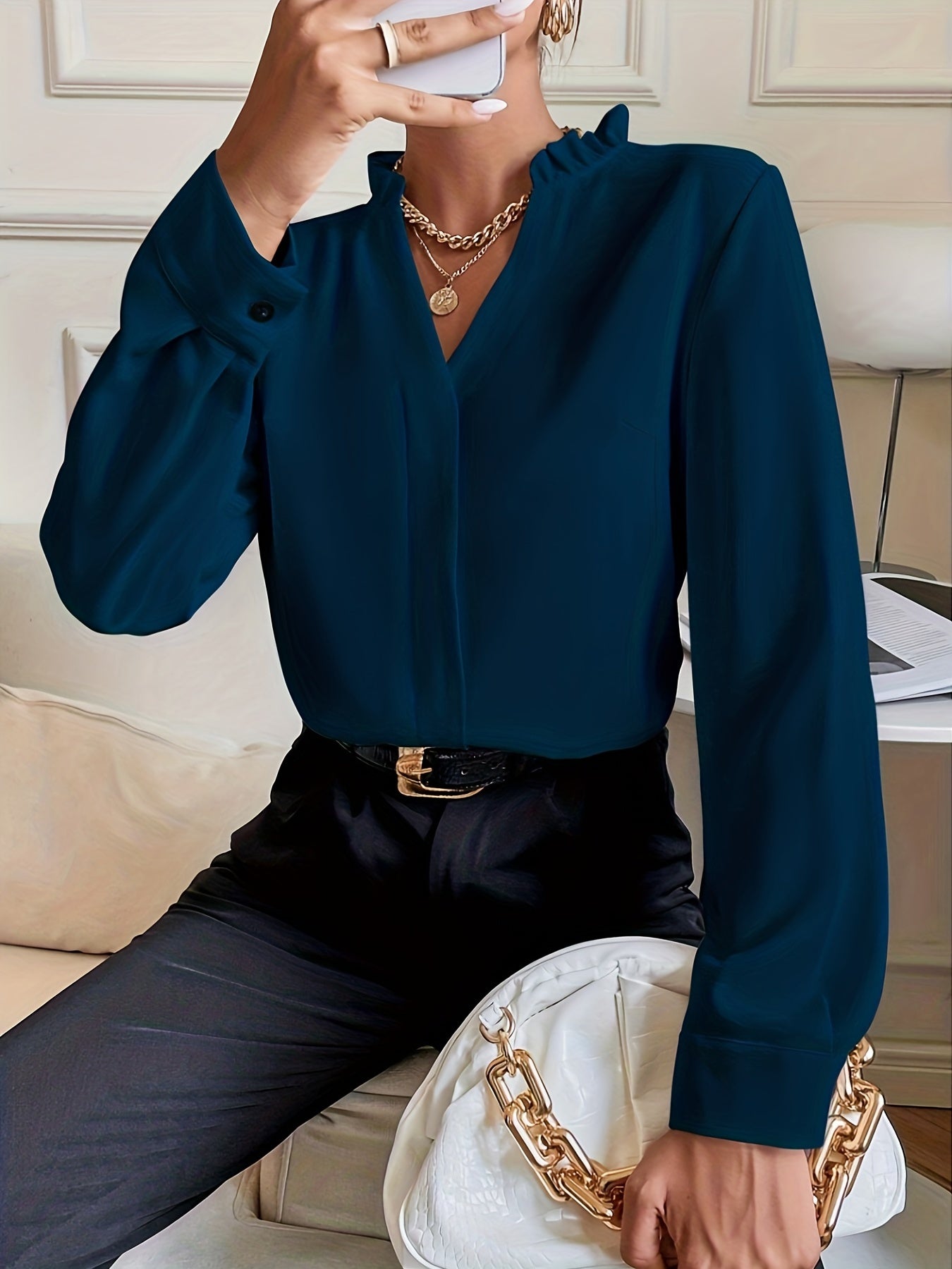 vlovelaw Simple Solid Blouse, Elegant Lettuce Trim V Neck Long Sleeve Blouse, Women's Clothing