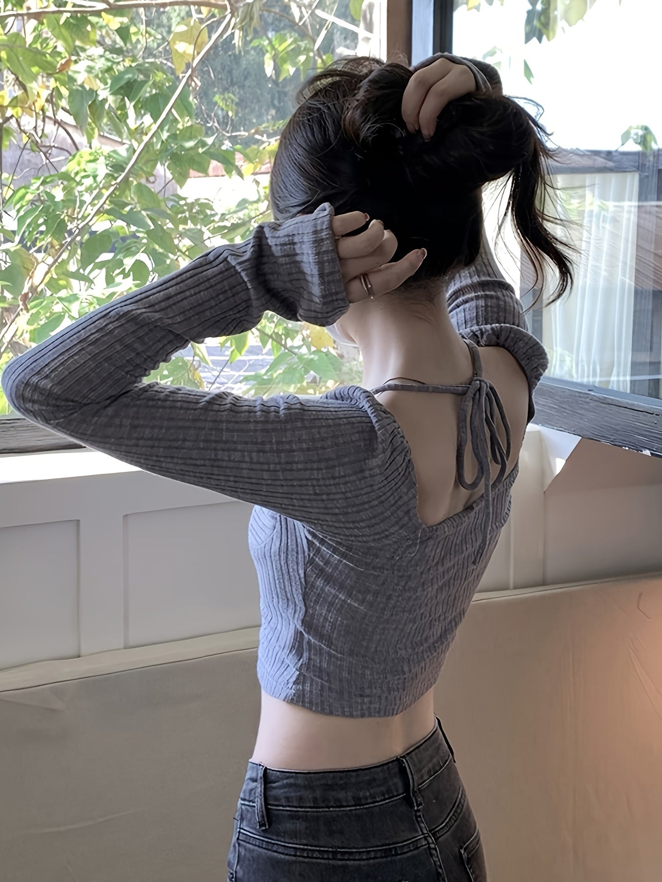 vlovelaw Curved Hem Tie Front T-Shirt, Elegant Square Neck Crop Solid T-Shirt For Spring & Fall, Women's Clothing