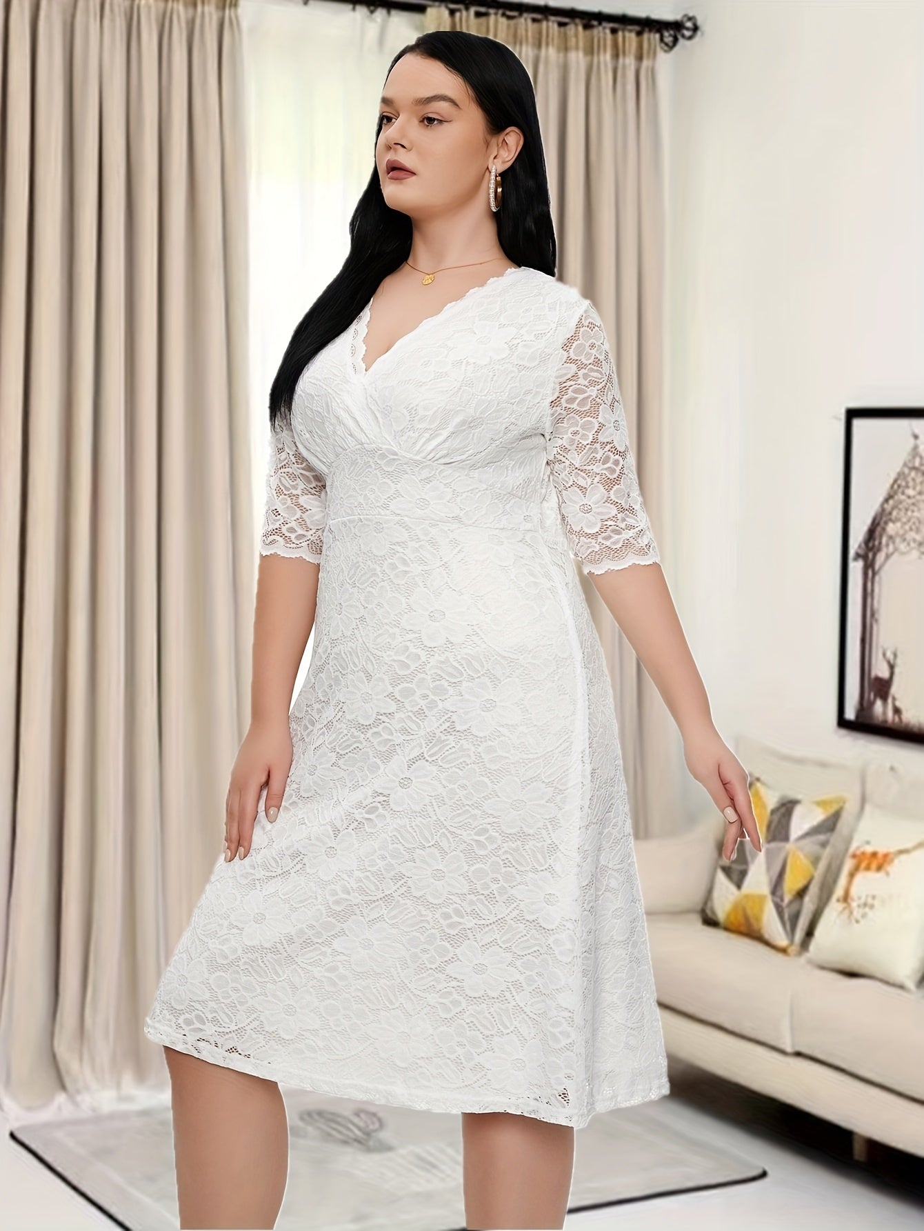 Plus Size Floral Lace Dress, Elegant V Neck Half Sleeve Dress For Party & Banquet, Women's Plus Size Clothing Wedding/Occasion/Engagement/Ceremony/Evening dress