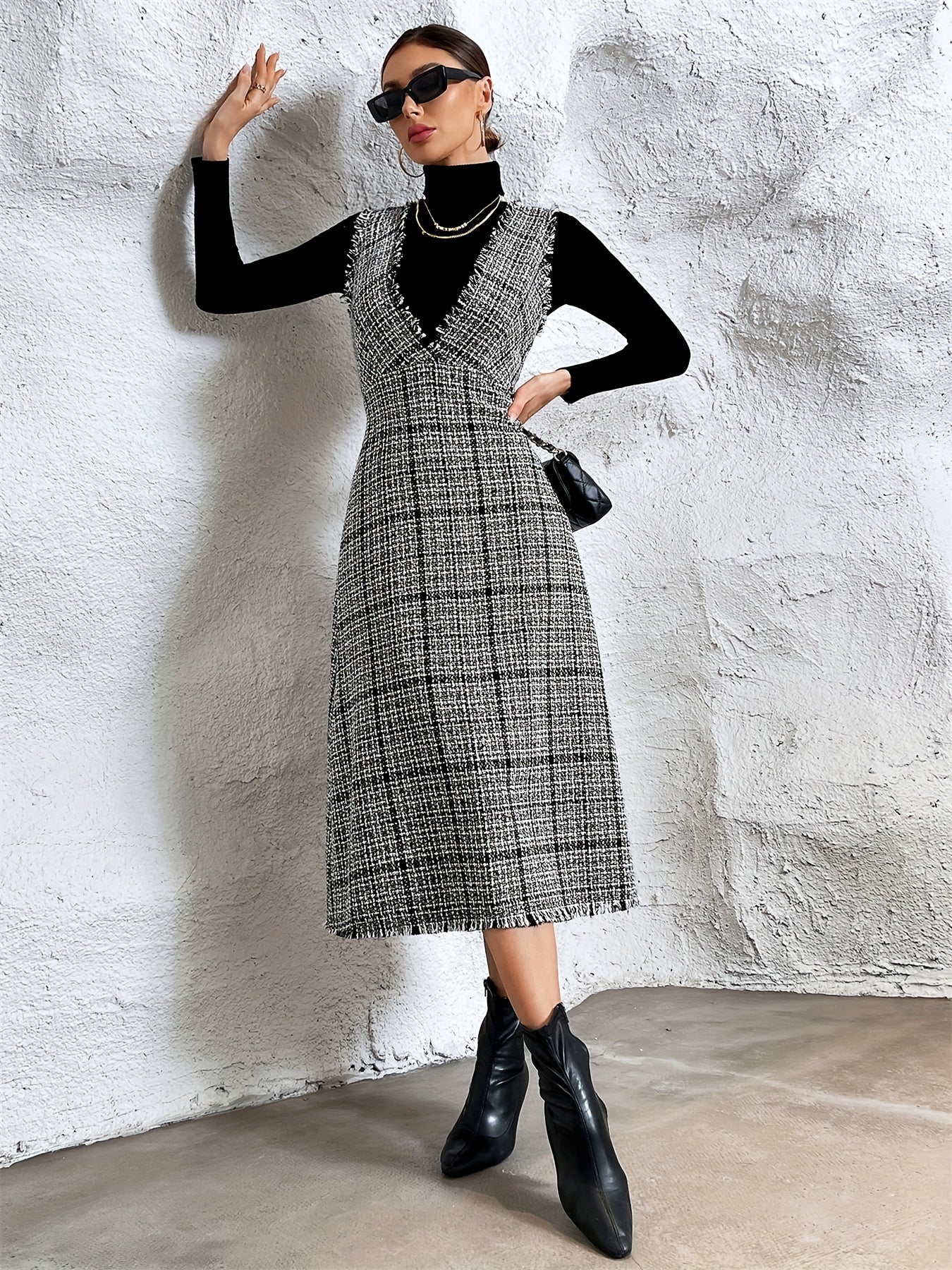 vlovelaw Plaid Print Raw Trim Overall Dress, Sleeveless V-neck Elegant Dress, Women's Clothing