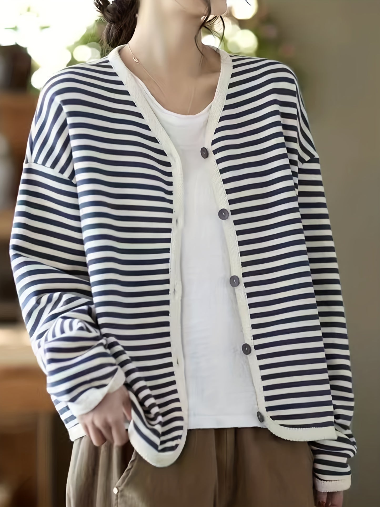 vlovelaw Striped Print Button Front Jacket, Casual V Neck Long Sleeve Outerwear For Spring & Summer, Women's Clothing