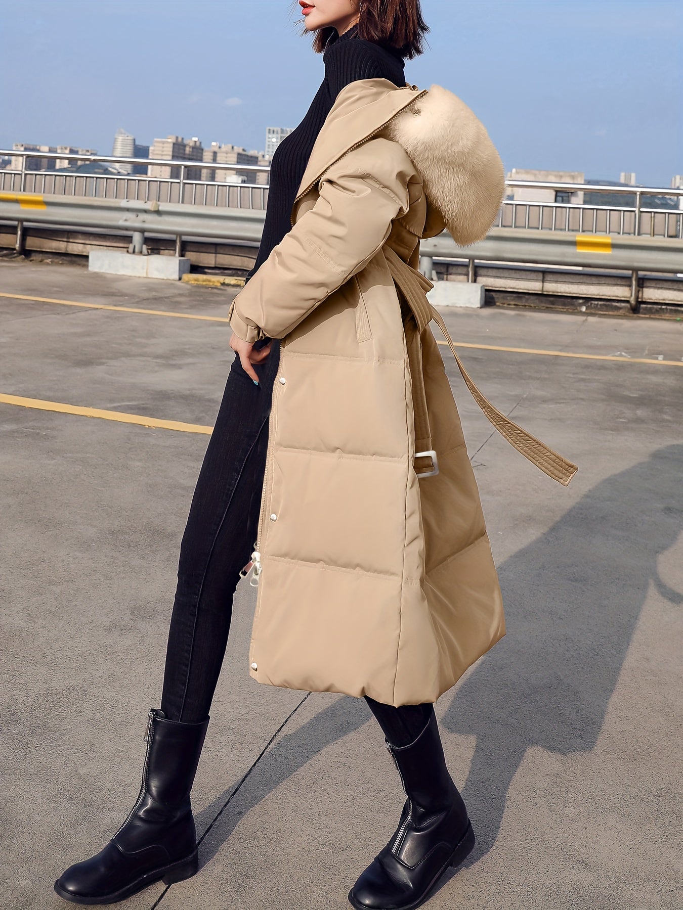 Fluffy Trim Long Length Coat, Casual Solid Long Sleeve Winter Warm Outerwear, Women's Clothing