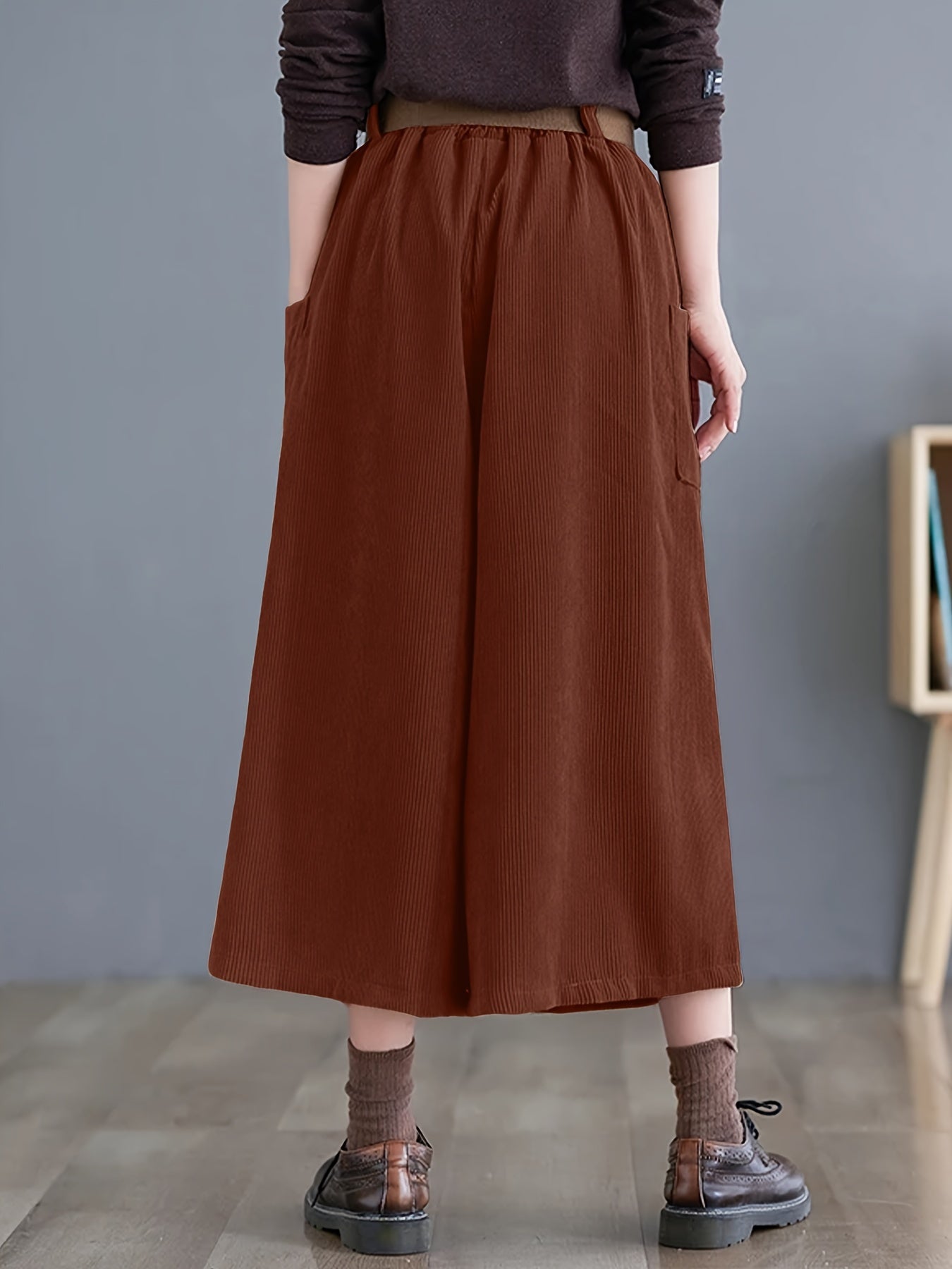 Solid Cropped Wide Leg Pants, Casual Corduroy Pants With Pocket, Women's Clothing