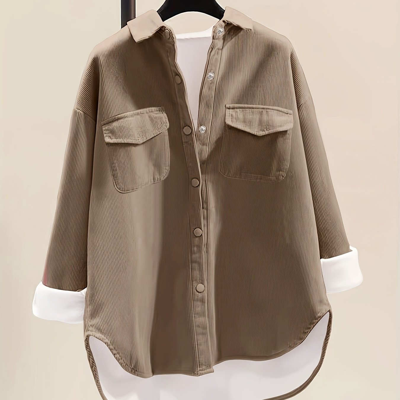 Button Front Plush Lined Solid Jacket, Casual Collared Long Sleeve Outerwear, Women's Clothing