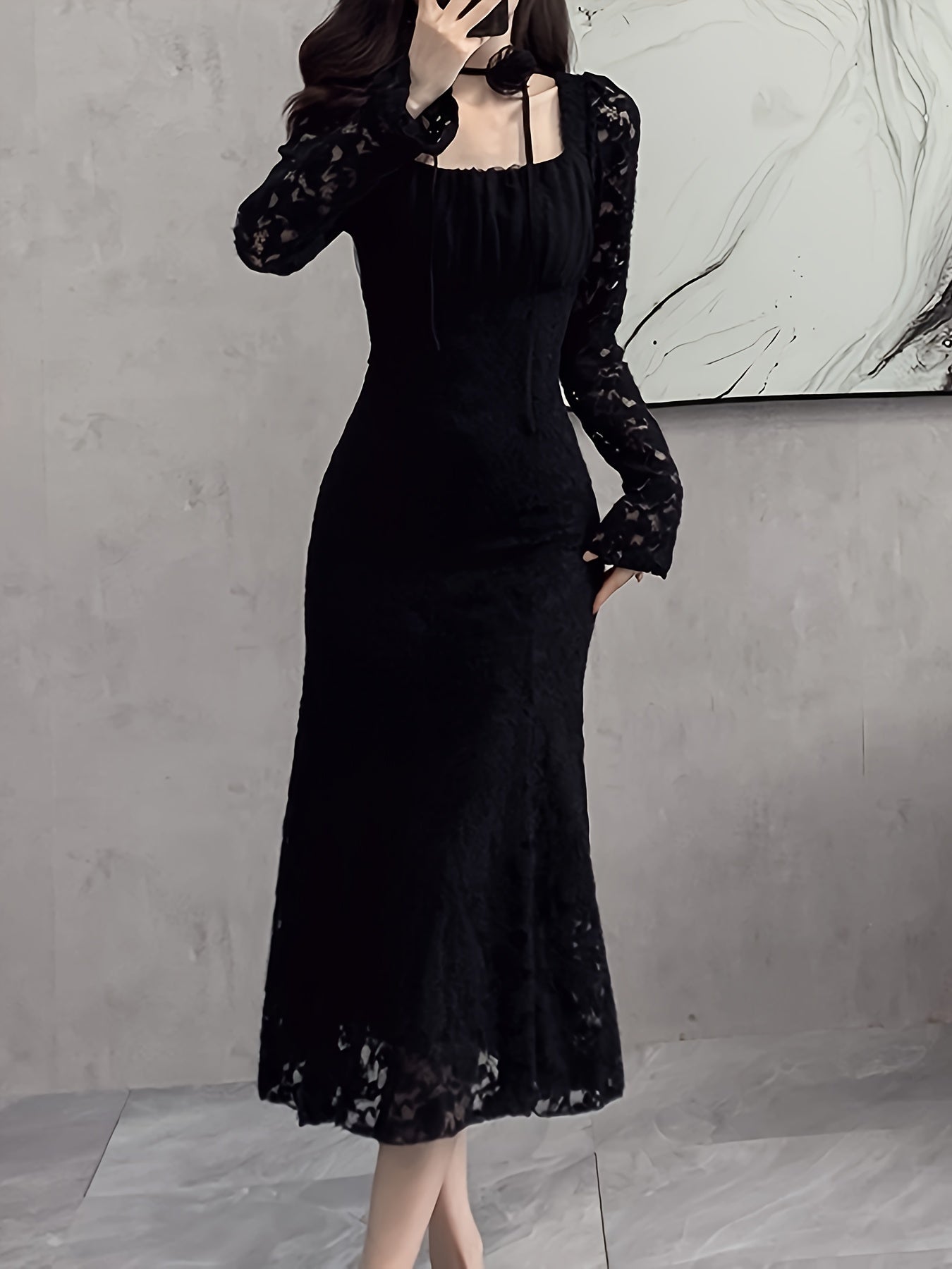 vlovelaw Square Neck Lace Trumpet Dress, Chic Long Sleeve Ruched Mid Calf Dress, Women's Clothing