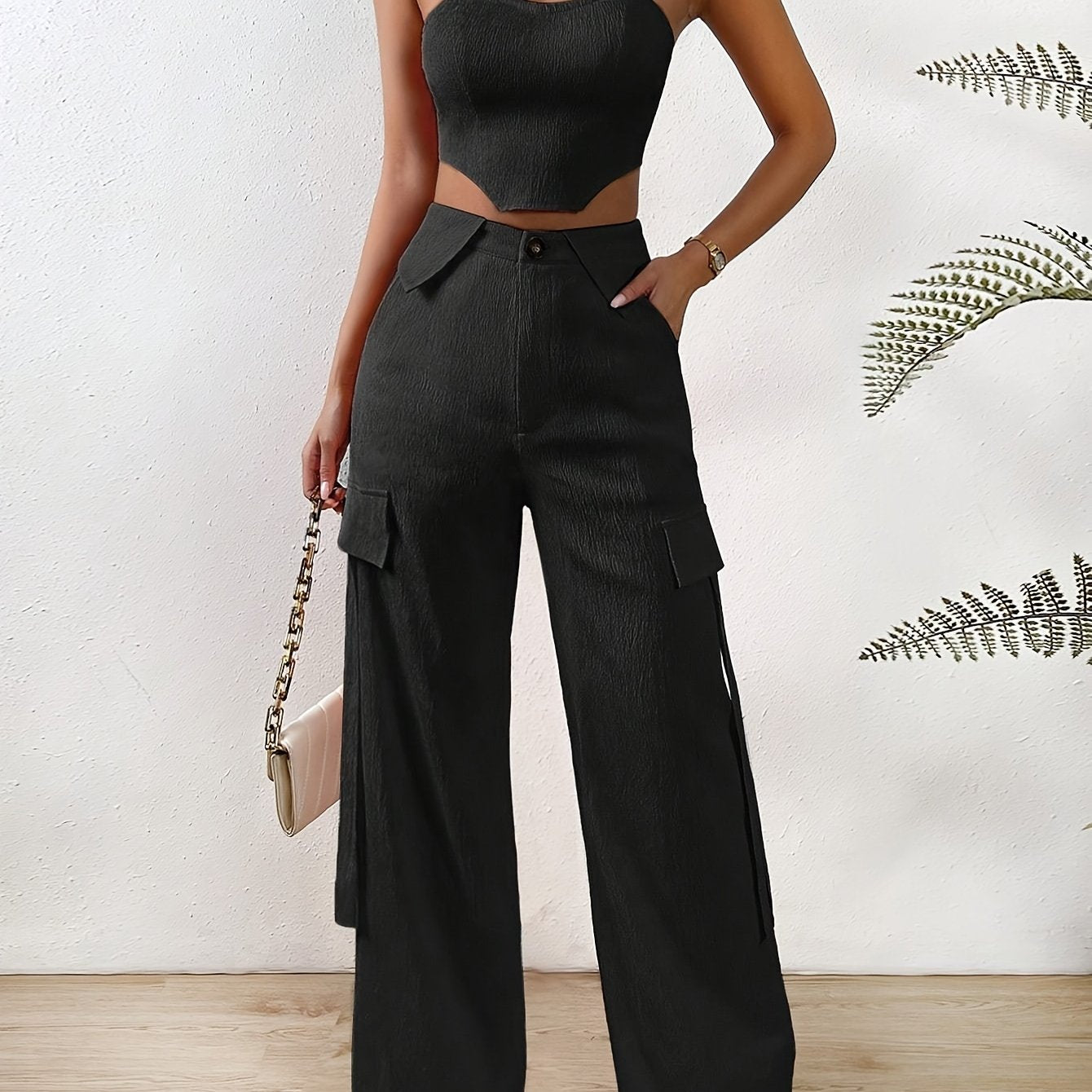 vlovelaw Solid Color Two-piece Set, Tie Back Tube Top & Button Long Pants Outfits, Women's Clothing