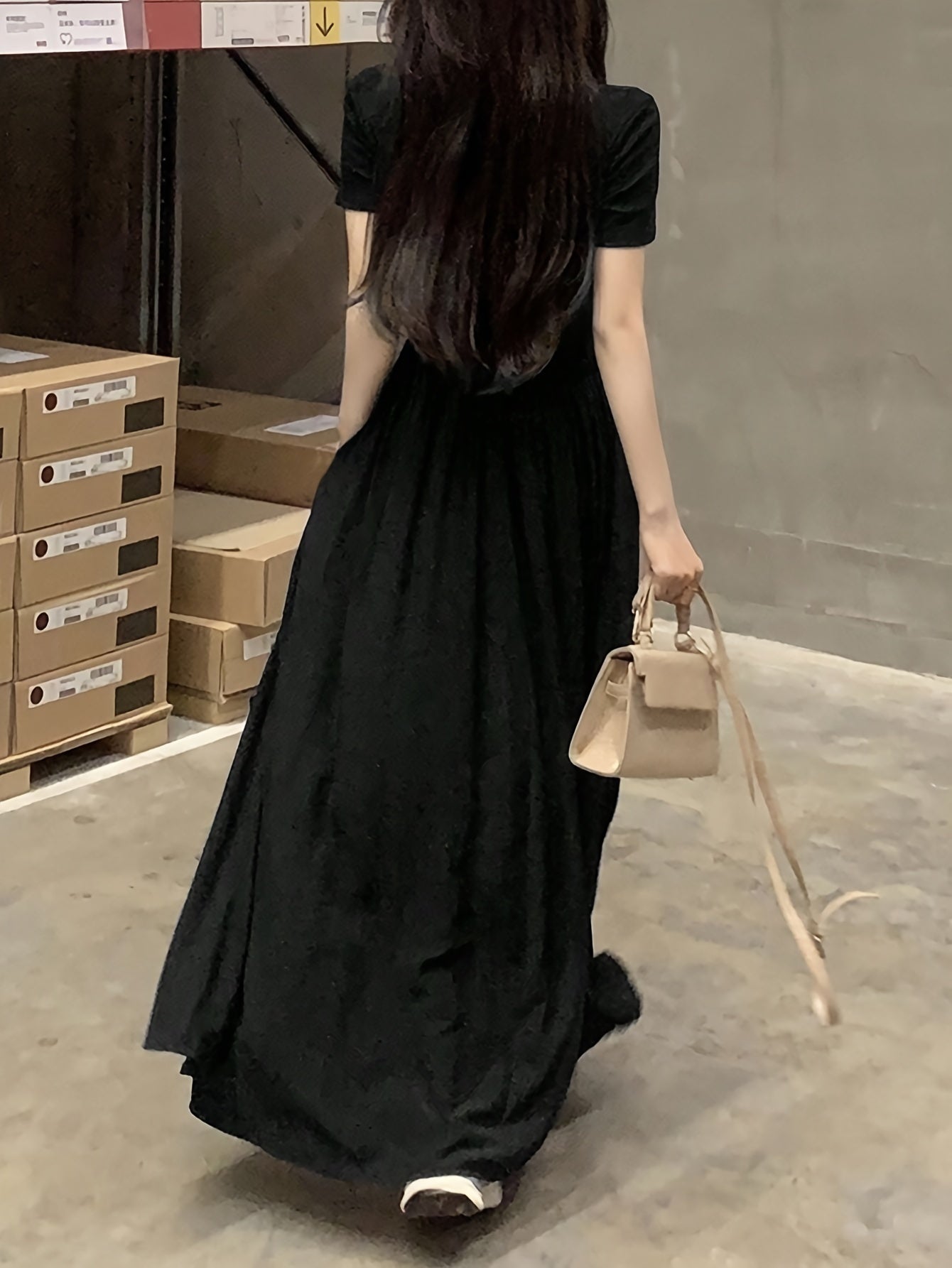 vlovelaw Solid Simple Ruched Dress, Casual Square Neck Short Sleeve Dress, Women's Clothing