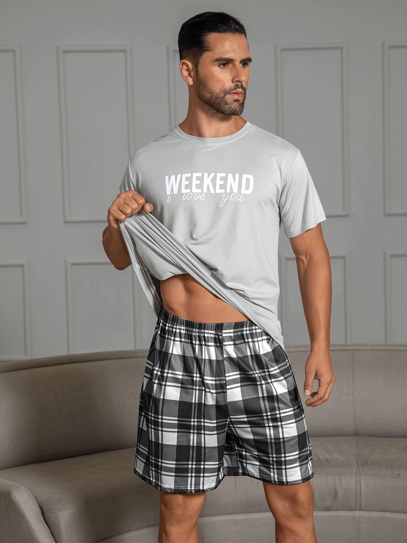 Mens Pajama Set - Relaxed Casual Style with Unique Grey Letter Print and Plaid Shorts, Ultra-Soft and Comfortable for Home and Outdoor Wearing, Perfect for Summer Season