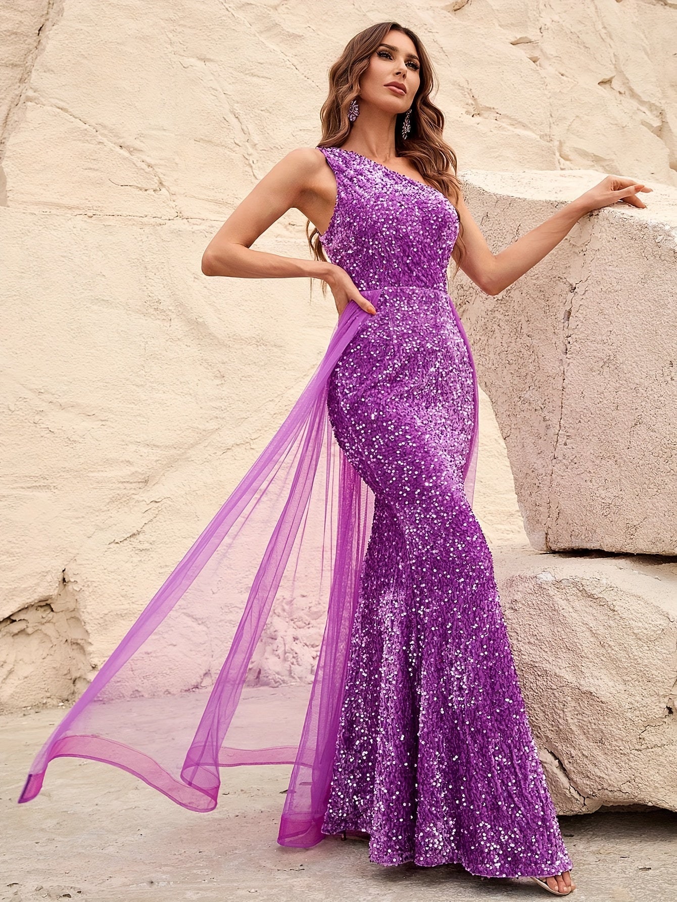 vlovelaw Solid Sequined Mesh Dress, Elegant Sleeveless One Shoulder Split Bodycon Dress, Women's Clothing