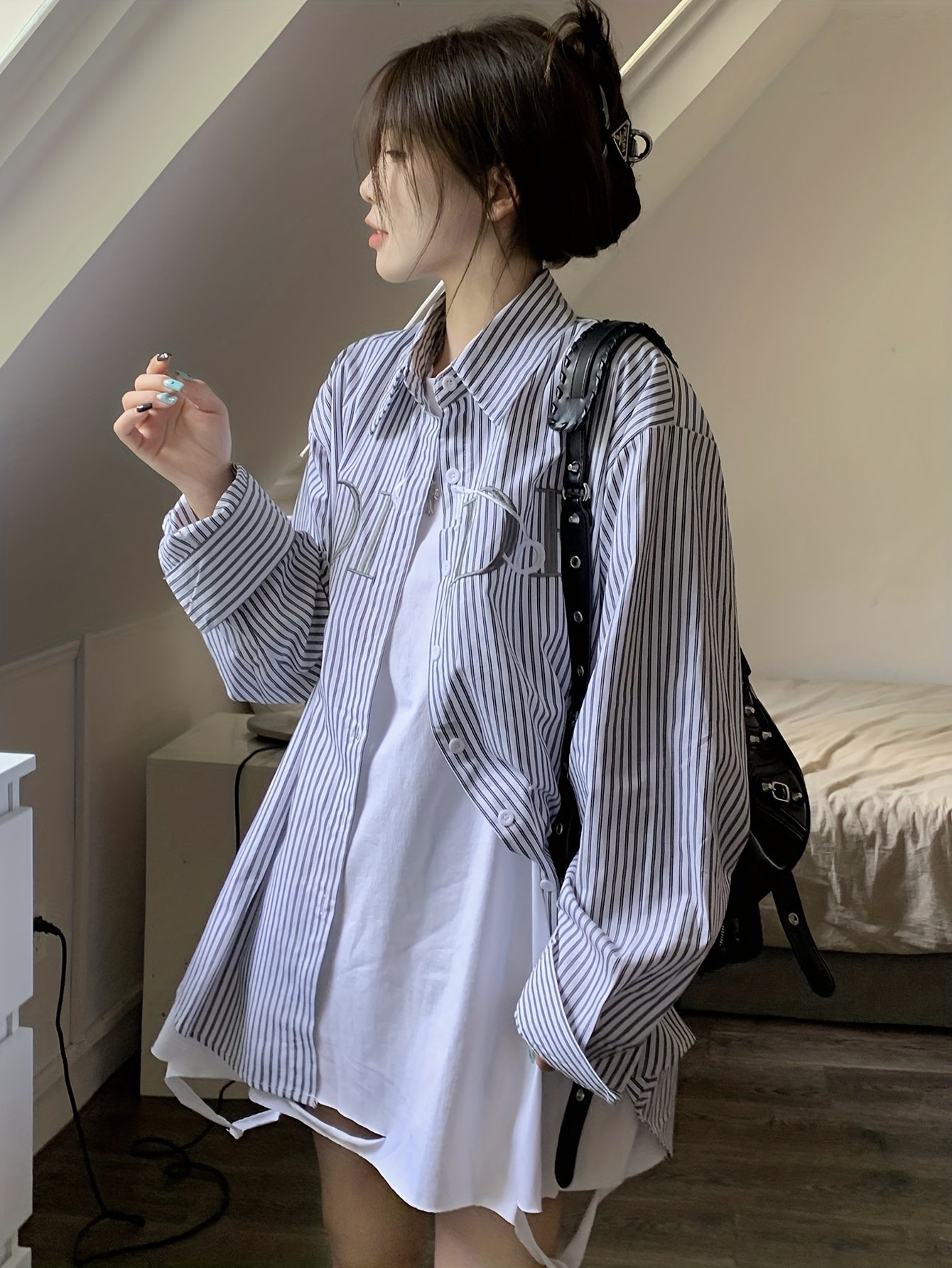 vlovelaw Letter & Stripe Pattern Shirt, Casual Button Front Long Sleeve Shirt, Women's Clothing