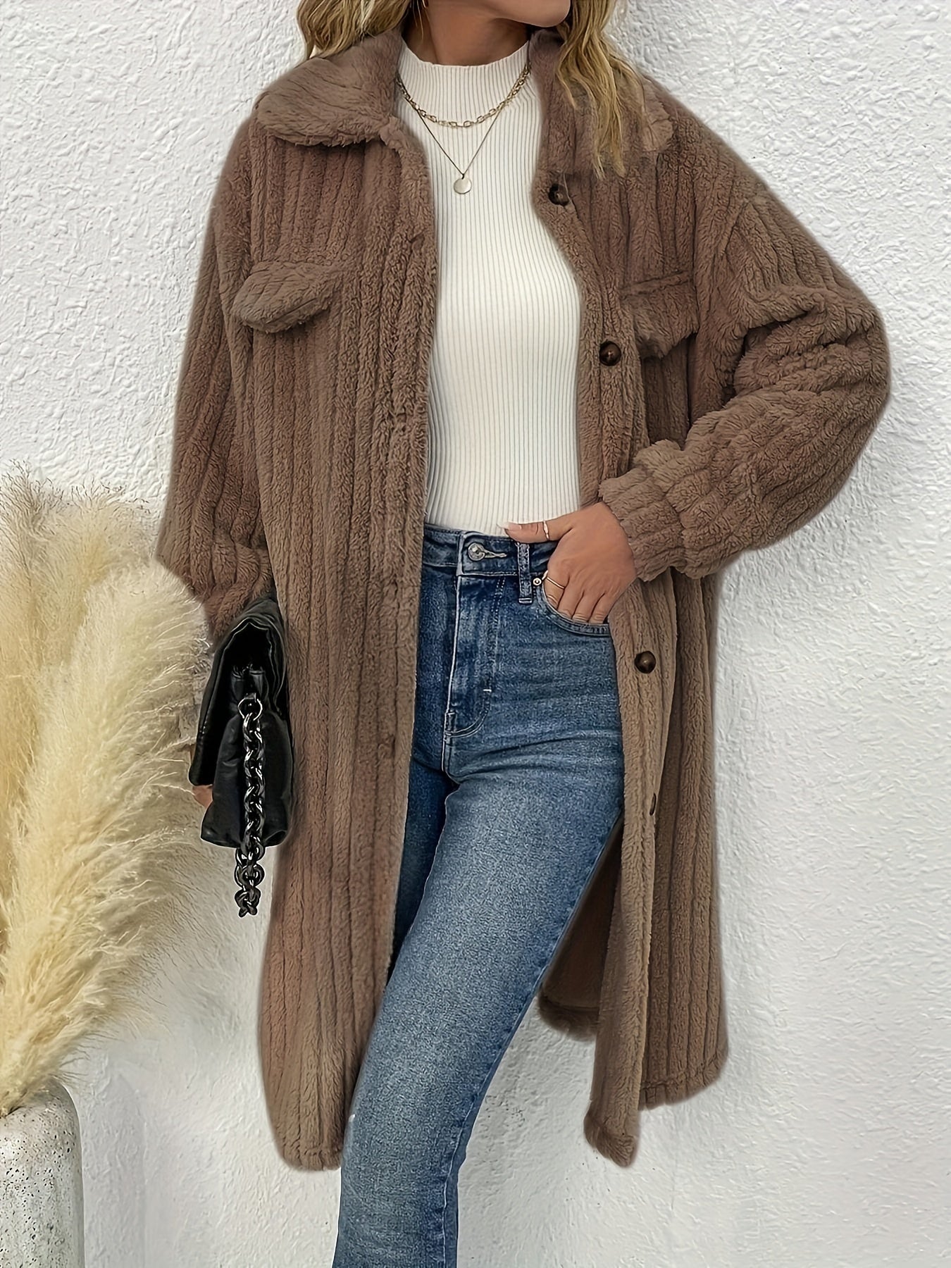 vlovelaw Button Front Lapel Plush Coat, Long Sleeve Textured Outwear For Winter, Women's Clothing