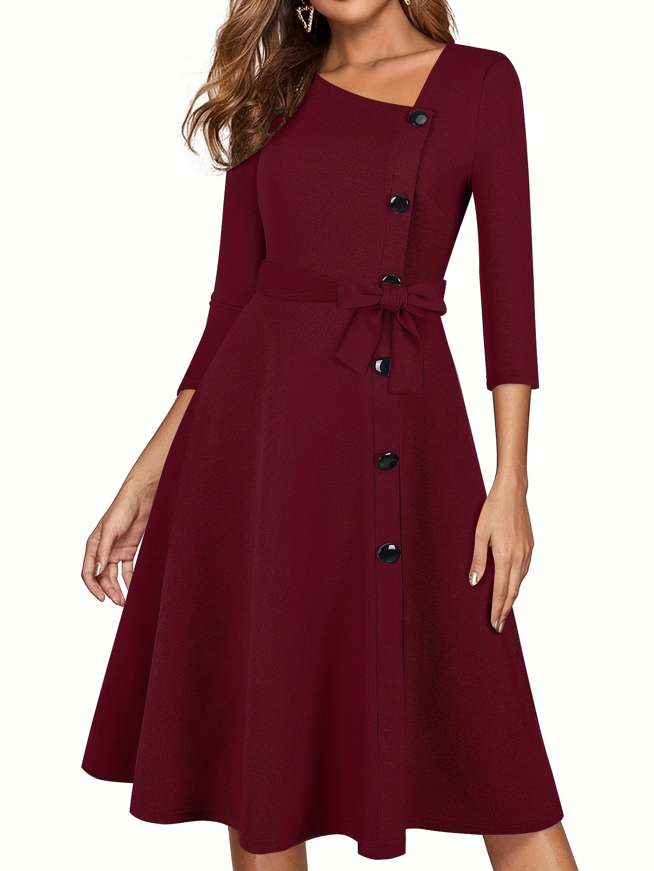 vlovelaw Asymmetrical Neck Solid Dress, Elegant 3/4 Sleeve Mini Dress, Women's Clothing