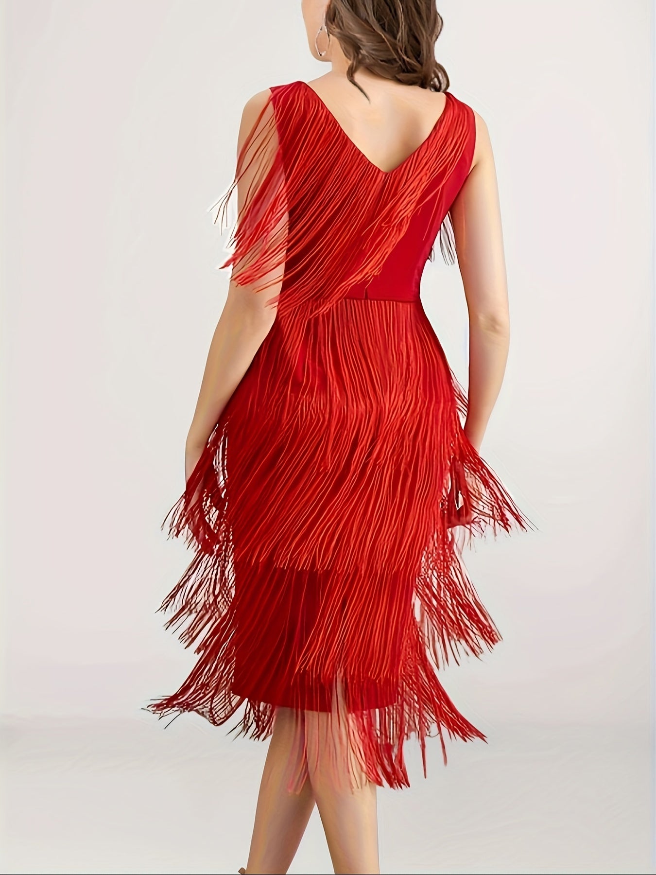 vlovelaw Plus Size Elegant Wedding Dress, Women's Plus Solid Tassel Trim V Neck Bodycon Party Tank Dress