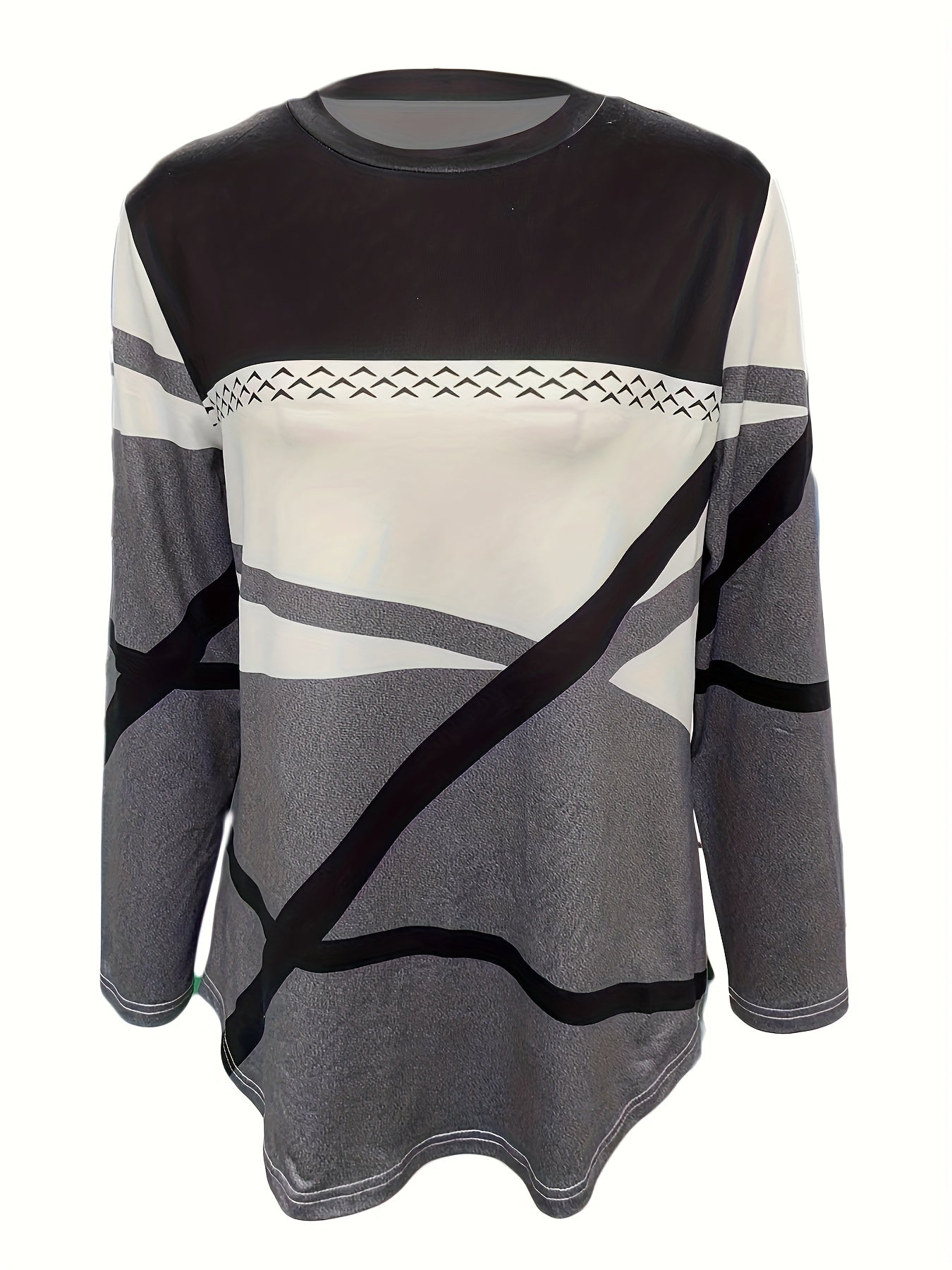 vlovelaw Colorblock Print Crew Neck T-Shirt, Casual Long Sleeve Top For Spring & Fall, Women's Clothing